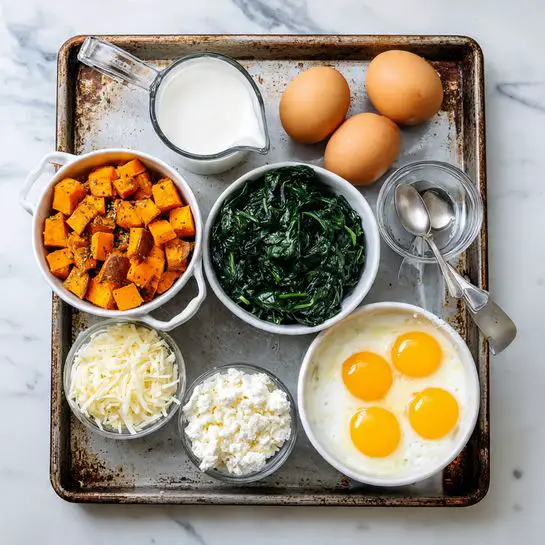The image shows six containers with different ingredients on a worn metal tray placed on a white marbled surface. In the top right, a clear measuring cup holds five cracked eggs with bright yellow yolks. Below it, a white bowl contains cooked orange sweet potato pieces mixed with light beige sautéed onions. Next to the sweet potatoes on the left, another white bowl holds dark green cooked spinach. Above the spinach, a white bowl is filled with white shredded cheese. A clear small glass bowl with white crumbled cheese sits at the bottom left corner. On the top left of the tray, a silver measuring cup contains white milk. A silver measuring spoon with a small amount of white cream is placed between the sweet potatoes and eggs. The overall look is clean, with simple colors and textures against the tray and white marbled background. Photo taken with an iphone --ar 4:5 --v 7