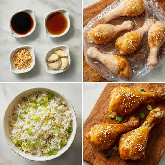 A collage of four images shows the process of making glazed chicken drumsticks with almond rice. The top left image displays three small white bowls with dark soy sauce, honey, and grated ginger, plus three garlic cloves on a white marbled surface. The top right image shows raw chicken drumsticks in a clear plastic bag with marinade on a wooden board. The bottom left image features a white bowl filled with almond rice, made of white rice mixed with slivered almonds and green onion slices, on a white marbled background. The bottom right image reveals the finished glazed chicken drumsticks, golden-brown with a shiny glaze, scattered sesame seeds, and small slices of green onion on top, resting on a bed of almond rice. photo taken with an iphone --ar 4:5 --v 7