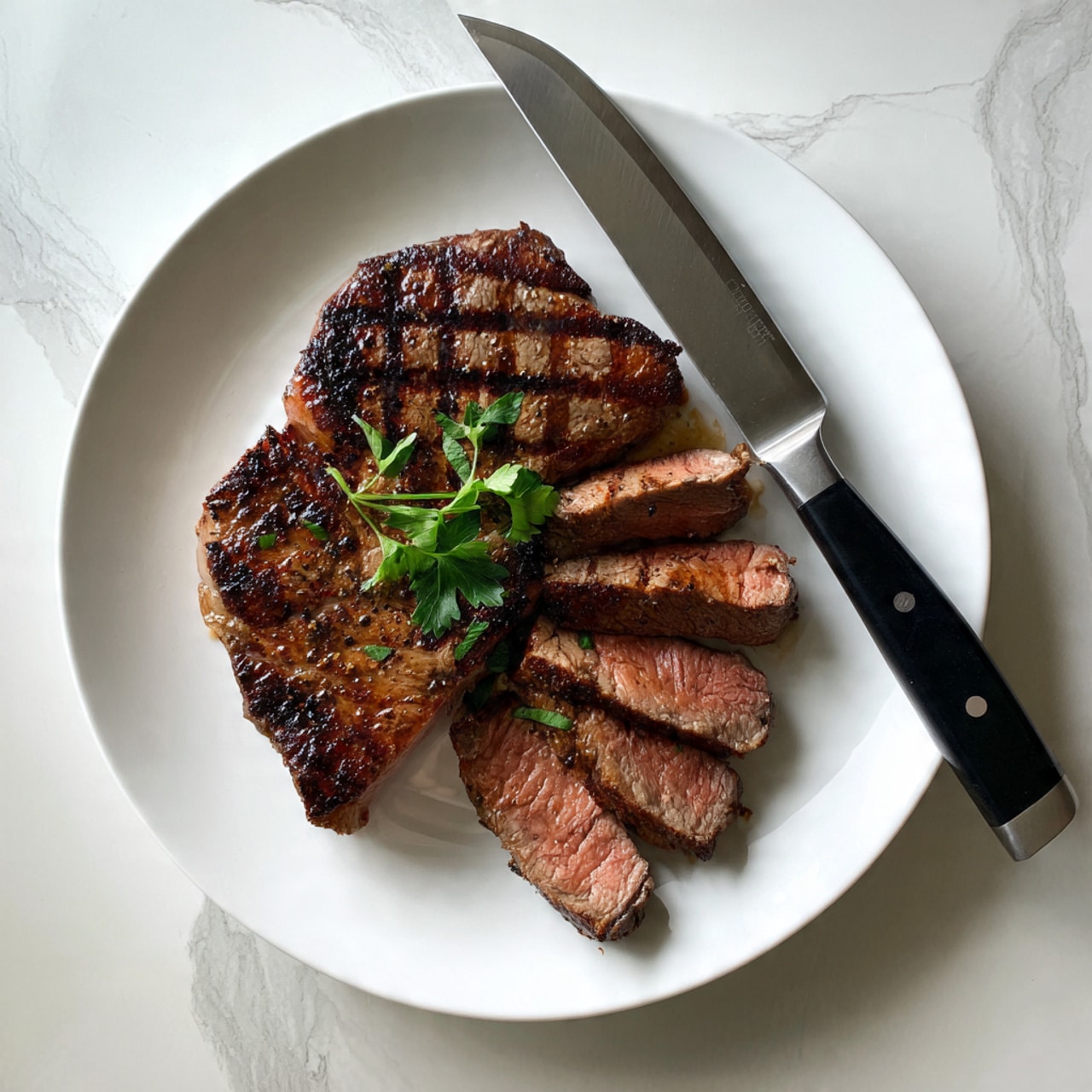 A white plate on a white marbled surface holds a grilled steak with clear dark grill marks. The steak is sliced into several pieces showing a pink center with a juicy texture. A few green parsley leaves rest on top of the steak. Next to the plate is a knife with a black handle. Photo taken with an iphone --ar 4:5 --v 7