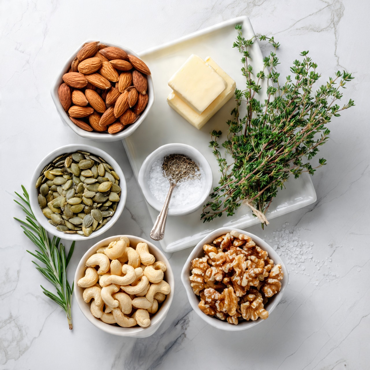 The image shows six bowls on a white marbled surface. In the top left is a white bowl full of almonds, above the center is a small white dish with a white cube of butter, in the middle right is a small white bowl with some salt and a small spoon next to a bunch of fresh green rosemary and thyme sprigs on a white square plate, the bottom left has a white bowl filled with pumpkin seeds, the bottom center has a white bowl full of cashew nuts, and the bottom right has a white bowl with chopped walnuts. All the bowls are neatly arranged, showing a variety of nuts, seeds, fresh herbs, salt, and butter. photo taken with an iphone --ar 4:5 --v 7
