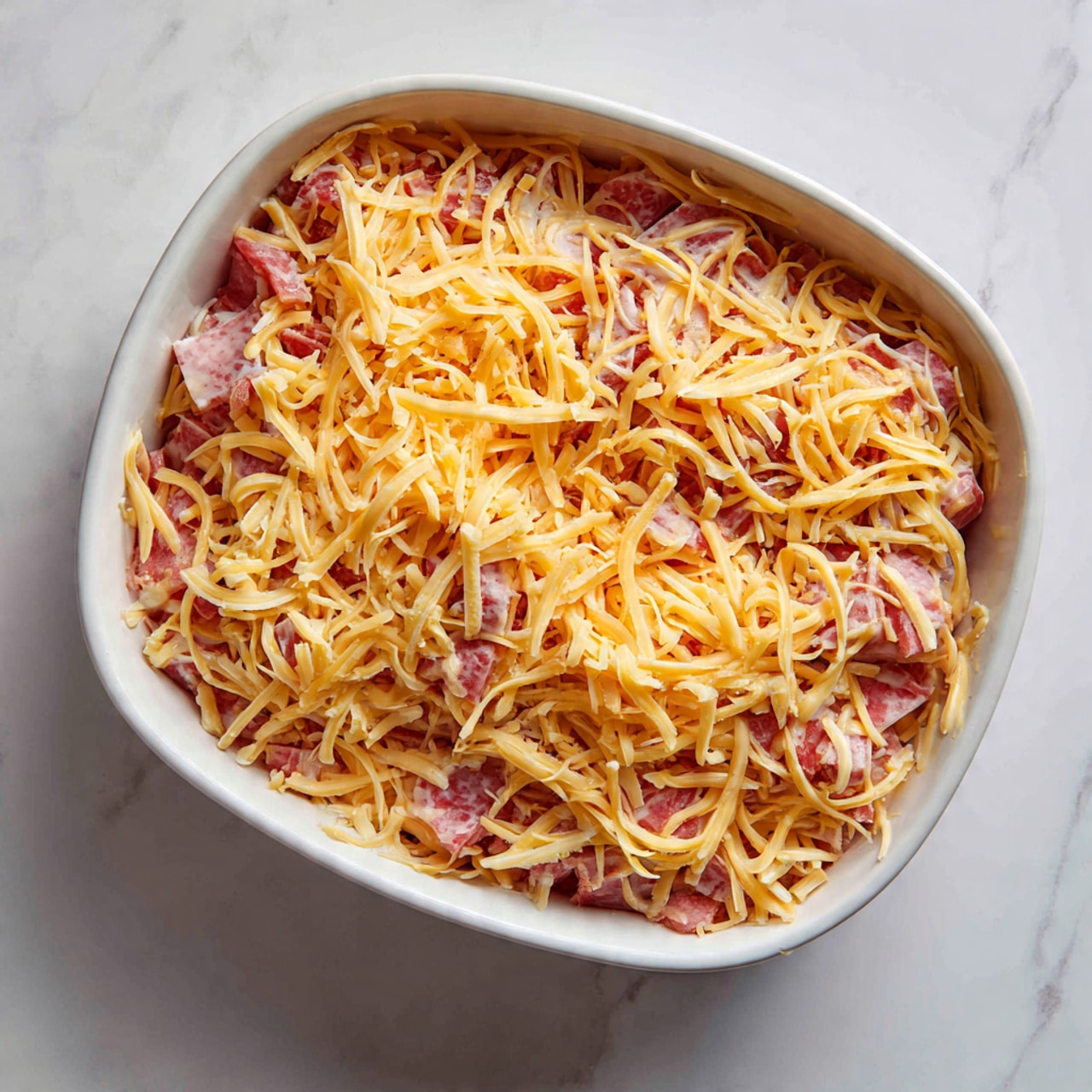 The image shows a white dish filled with a layered casserole. The first visible layer is a mix of shredded light pink and reddish meat spread unevenly. On top of this, there is a thick covering of shredded pale orange cheese with some hints of white mixed in. The texture of the cheese is fine and scattered loosely but covers most of the meat. The dish sits on a white marbled surface. Photo taken with an iphone --ar 4:5 --v 7