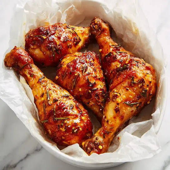 The image shows four roasted chicken drumsticks arranged closely together in a white bowl lined with crinkled parchment paper. The drumsticks have a shiny, golden-brown skin with a slightly crispy texture and small bits of herbs and spices sprinkled on top. The marinade creates a glossy surface with some darker caramelized areas, giving a rich and savory look. The background is a white marbled texture. photo taken with an iphone --ar 4:5 --v 7