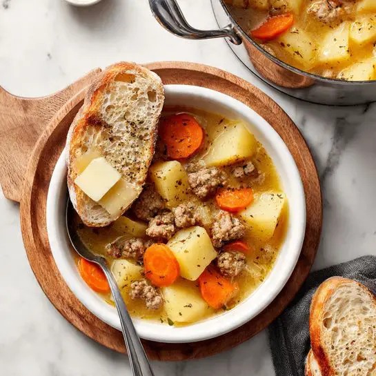 A white bowl with a thick soup inside showing three main layers: orange carrot slices, chunks of pale yellow potatoes, and crumbled brown meat in a light brown broth. On the edge of the bowl is a piece of white bread spread with melted butter, with two more similar bread slices next to the bowl. The bowl is placed on a wooden board, with a shiny metal pot containing more soup in the background, all set on a white marbled surface. Photo taken with an iphone --ar 4:5 --v 7