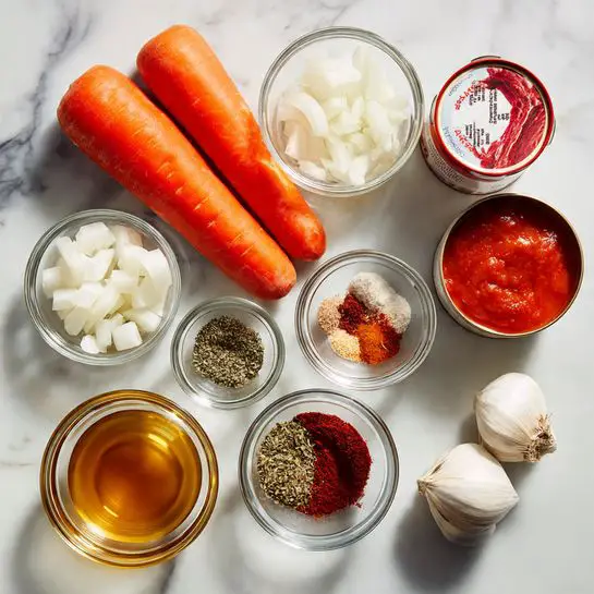 The image shows a clear glass tray with multiple ingredients arranged neatly on a white marbled surface. Two whole orange carrots lie near the center, with two garlic cloves next to them on the right. To the top right, there is a red and white can of corned beef. Around the carrots and garlic are small clear bowls containing diced white onions, red chili flakes, light brown spice powder, green dried herbs, chili powder, salt, a bowl of tomato sauce with a smooth texture, and a bowl of clear cooking oil. The colors range from bright orange carrots, white onions, and pale garlic to deep reds, browns, and greens of the spices, all set on the clear glass tray above the white marbled surface photo taken with an iphone --ar 4:5 --v 7