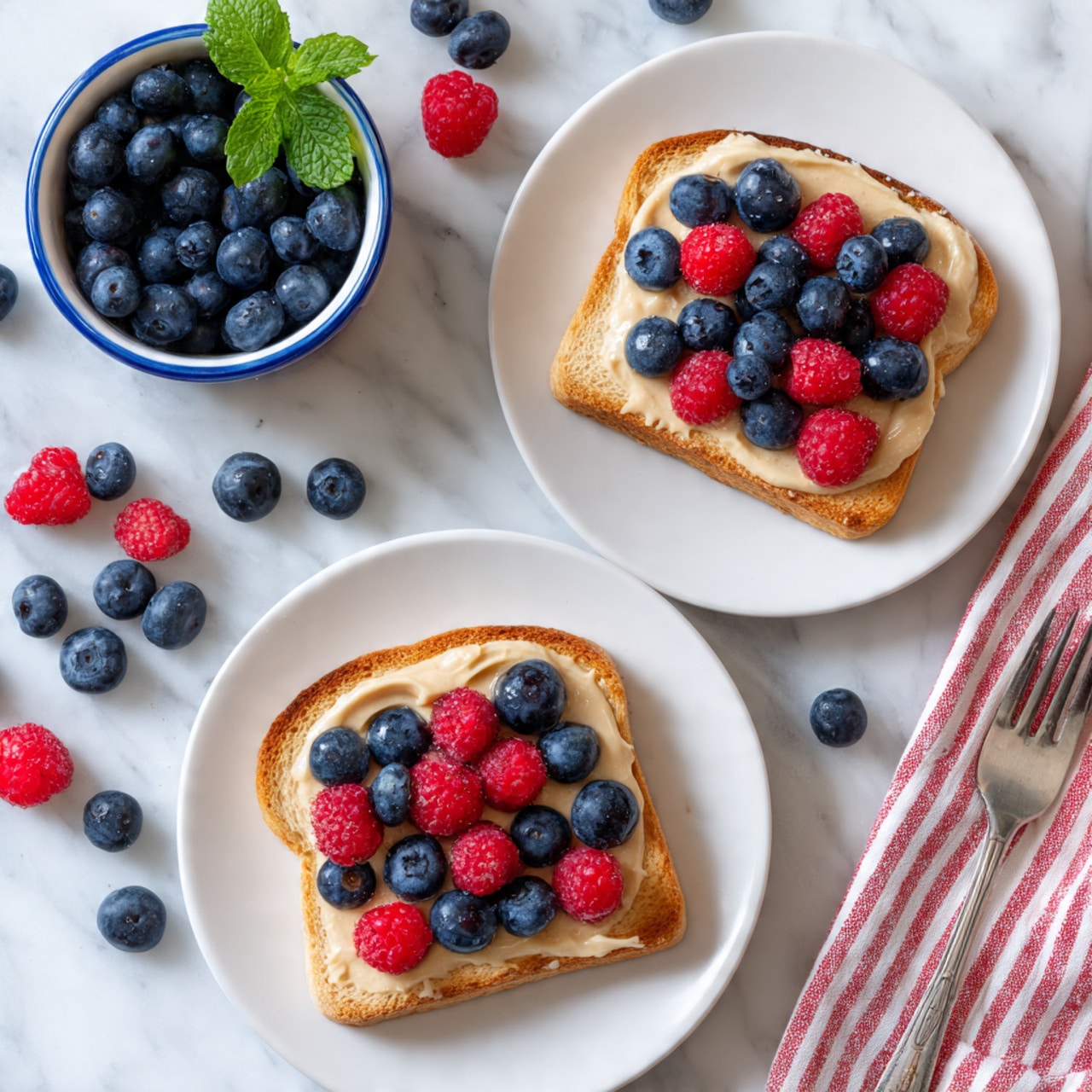 The image shows two layers of soft white bread slices stacked slightly overlapping on the left side, with a small clear glass bowl of bright red, halved strawberries positioned to the top right. Below the strawberries, there is a small clear bowl of light golden liquid, and a single brown egg lies to the right of that bowl. At the bottom left, a larger clear glass bowl holds smooth, creamy white yogurt, all arranged neatly on a white marbled textured surface. photo taken with an iphone --ar 4:5 --v 7