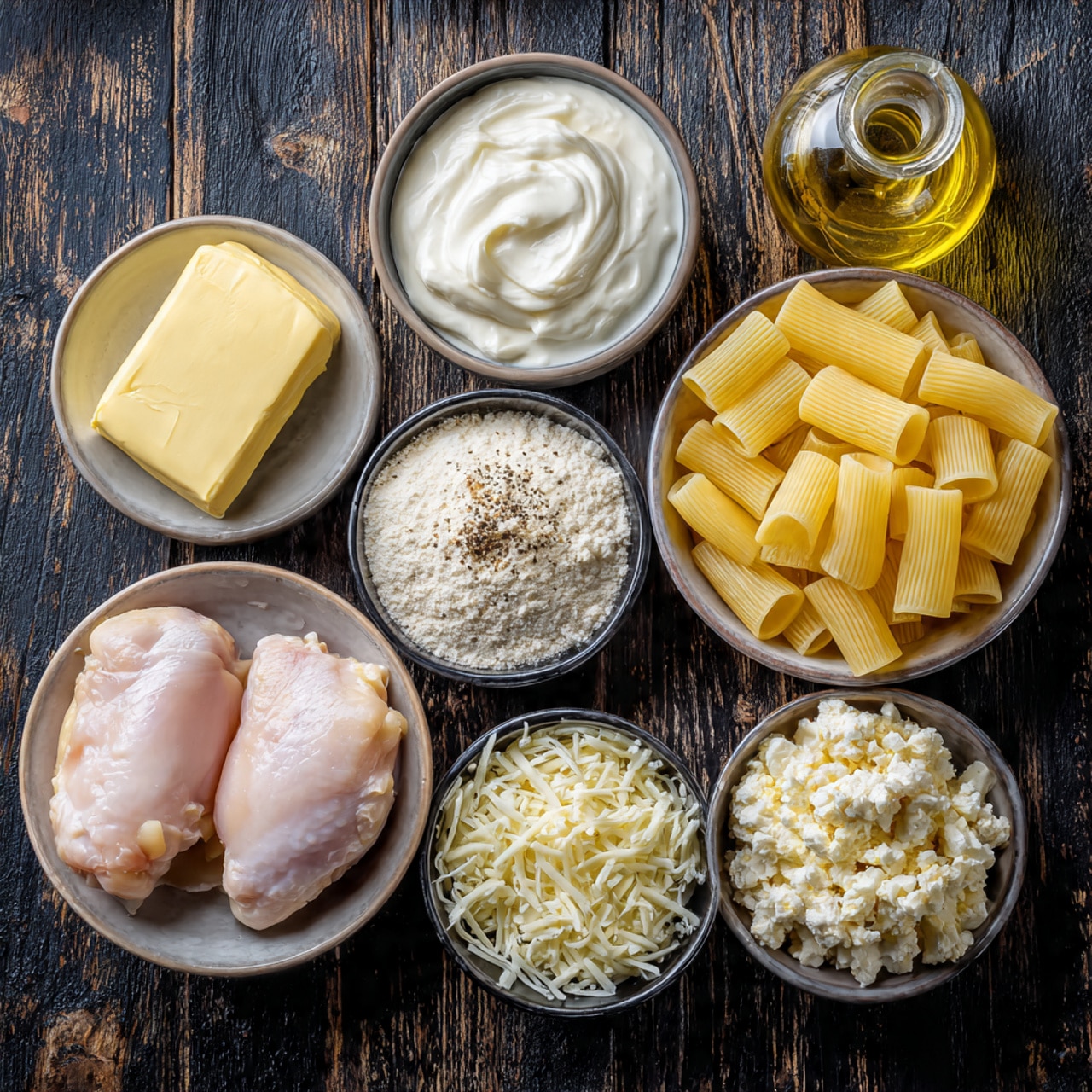 The image shows seven small white bowls arranged on a dark wooden table with a white marbled texture. At the center bottom is a bowl of two raw chicken pieces, pale pink and smooth, lightly seasoned. Above it to the left is a bowl of pale yellow butter, solid and smooth, and next to it is a bowl of fine, white flour or grated cheese with a powdery look. To the right of the chicken is a bowl filled with light, crumbly cheese that looks soft and fluffy. Above this is a bowl of white shredded cheese, finely grated with a delicate texture. Above the chicken in the center is a bowl of rigatoni pasta, large, tubular, and yellow with a smooth surface. At the top right is a clear glass bottle with a golden liquid, likely oil, shiny and transparent. Finally, at the top left is a small bowl of white sour cream or sauce, creamy and topped with a sprinkle of black pepper. Photo taken with an iphone --ar 4:5 --v 7