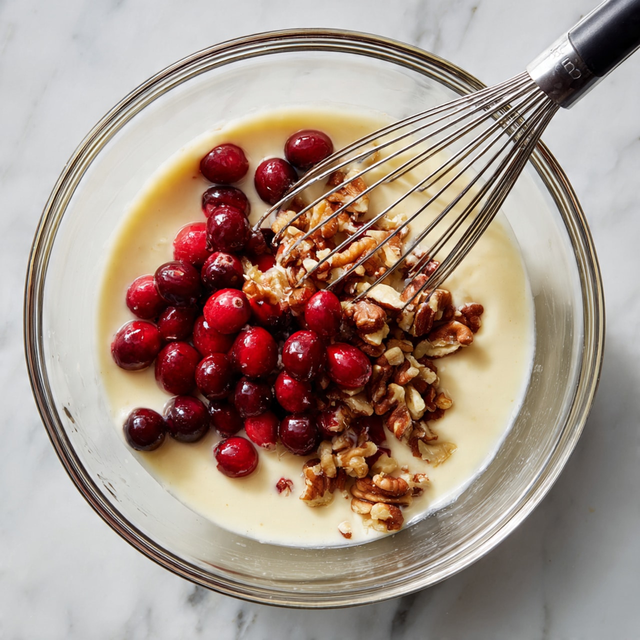 A clear glass bowl sits on a white marbled surface, holding a pale creamy batter that fills most of the bowl. On top of the batter, there is a pile of fresh, shiny red cranberries and a handful of chopped nuts with dark brown shades. A metal whisk with a black handle is resting in the batter, partly covered by the cranberries and nuts. The scene is simple with natural lighting highlighting the textures of the smooth batter, the round cranberries, and the rough chopped nuts. Photo taken with an iphone --ar 4:5 --v 7