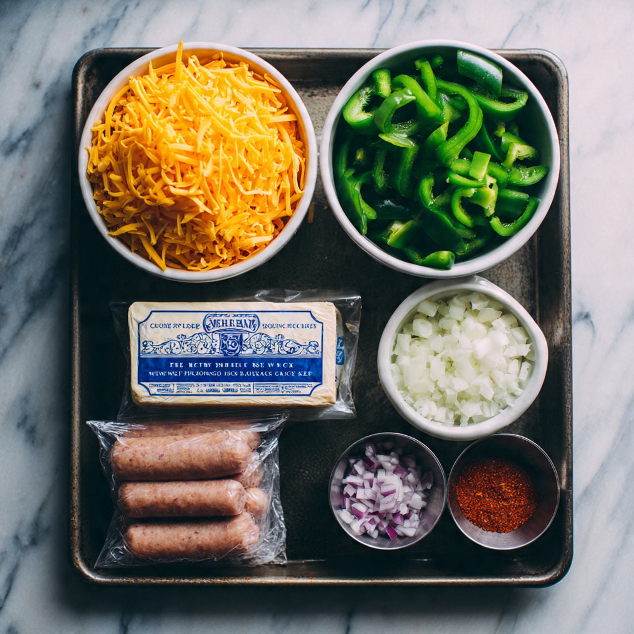 The image shows a dark metal tray on a white marbled surface holding six ingredients arranged neatly. On the top left is a white bowl filled with bright orange-yellow shredded cheese with a soft, curly texture. To the top right, another white bowl contains chopped bright green bell peppers with a fresh, slightly wet look. Below the cheese bowl, a sealed rectangular silver block of cream cheese with blue text sits flat on the tray. Next to it, at the bottom left of the tray, is a vacuum-sealed pack of five uncooked light brown sausages with tiny seasoning specks visible inside the clear plastic. In the center right, a white bowl holds finely chopped onions with a mix of white and purple pieces. Below that, two small steel cups rest side by side, one filled with a red, finely ground spice powder and the other with finely minced pale yellow garlic. The photo taken with an iphone --ar 4:5 --v 7