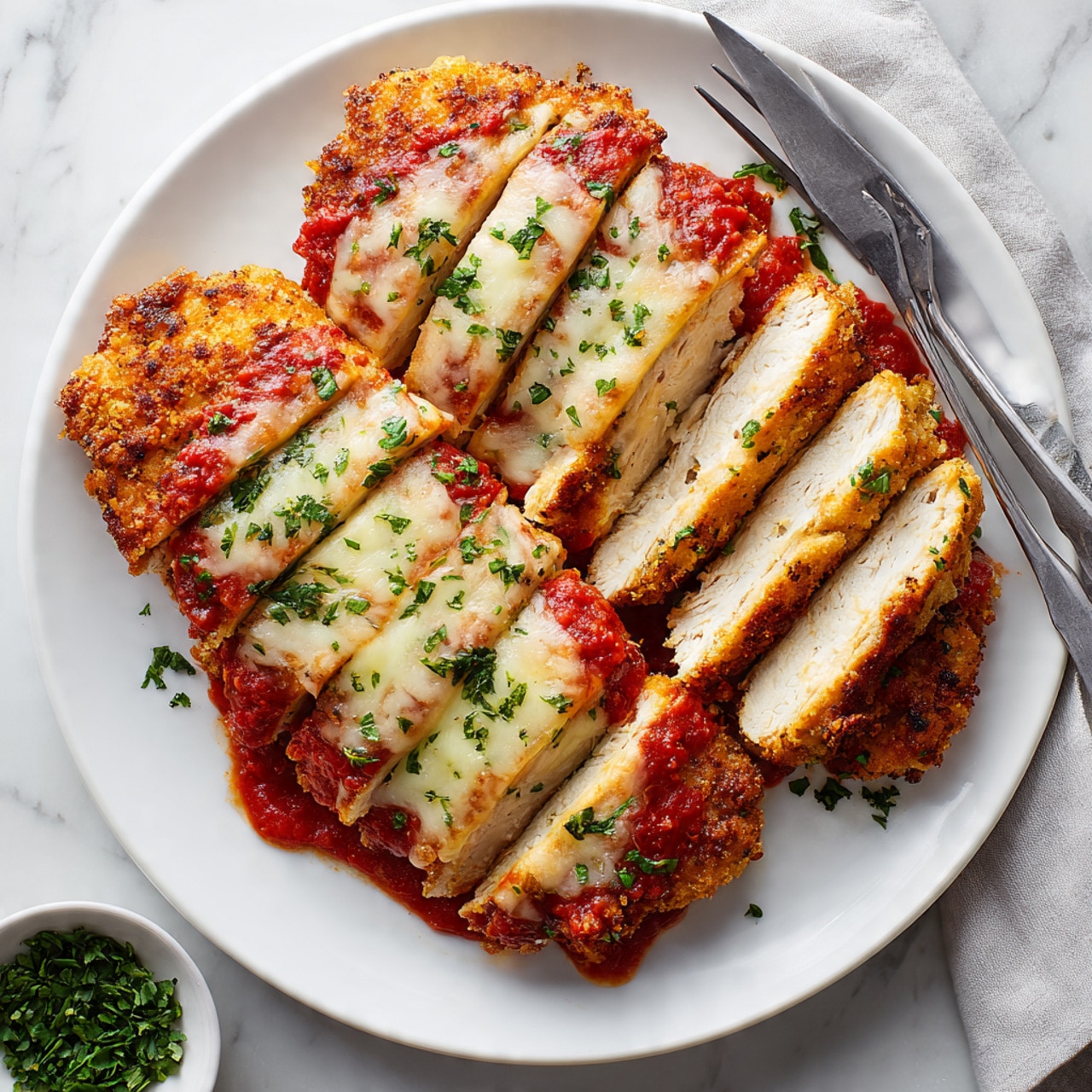 The image shows a white plate with four pieces of chicken parmesan, each piece sliced lengthwise revealing juicy, tender white meat inside. On top of the chicken is a thick layer of bright red tomato sauce covered with melted, slightly browned mozzarella cheese, sprinkled with finely chopped green herbs. The plate sits on a white marbled surface with a fork and knife resting on its side. There is also a small white bowl with chopped herbs in the corner. photo taken with an iphone --ar 4:5 --v 7