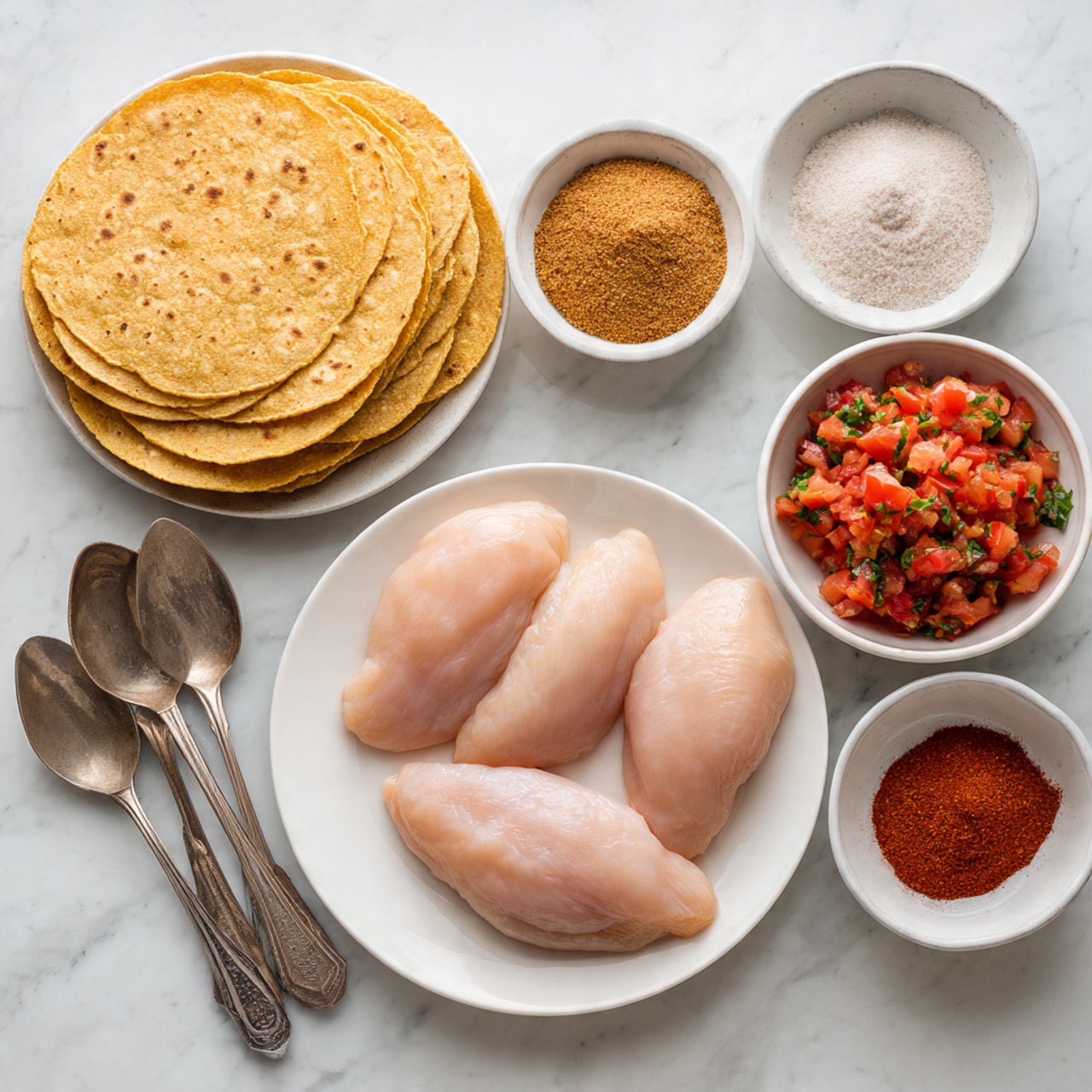 A white plate holds three smooth, pale pink raw chicken pieces arranged side by side. To the left, there is a neat stack of round yellow corn tortillas with a slightly grainy texture. Surrounding the plate are five small bowls and three spoons. The top left bowl has a light brown powder, and next to it on the right is a bowl with a mix of orange and brown spices. Below these, a round bowl filled with bright red chopped tomatoes mixed with green herbs sits in the center. To the right, there are two more bowls: one with coarse white salt and another with dark red paprika powder. Three old metal spoons with different shades of metal rest below the bowls on a white marbled surface. photo taken with an iphone --ar 4:5 --v 7