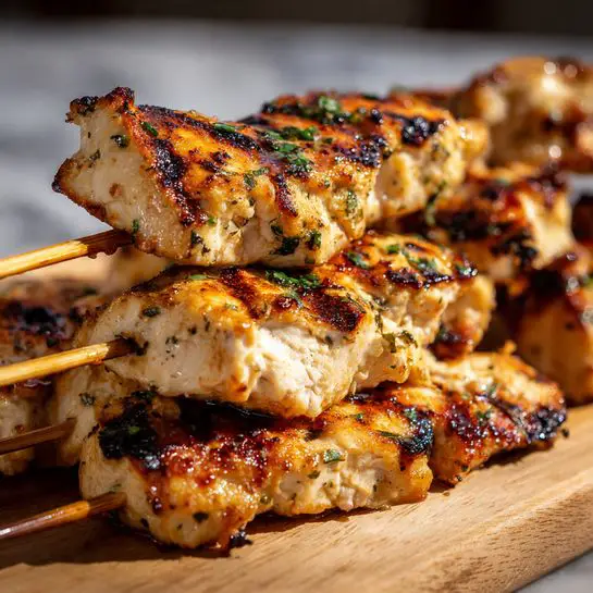 The image shows a close-up of a wooden skewer with three grilled chicken pieces stacked on it. Each chicken piece is golden brown with charred edges, giving a textured look of cooked meat with slight crispiness. Small green herb bits sprinkle over the chicken, adding a fresh touch. In the background, there are more similar grilled chicken pieces blurred out, showing a pile on a white marbled surface. The lighting highlights the shine of the chicken glaze and its juicy texture. Photo taken with an iphone --ar 4:5 --v 7