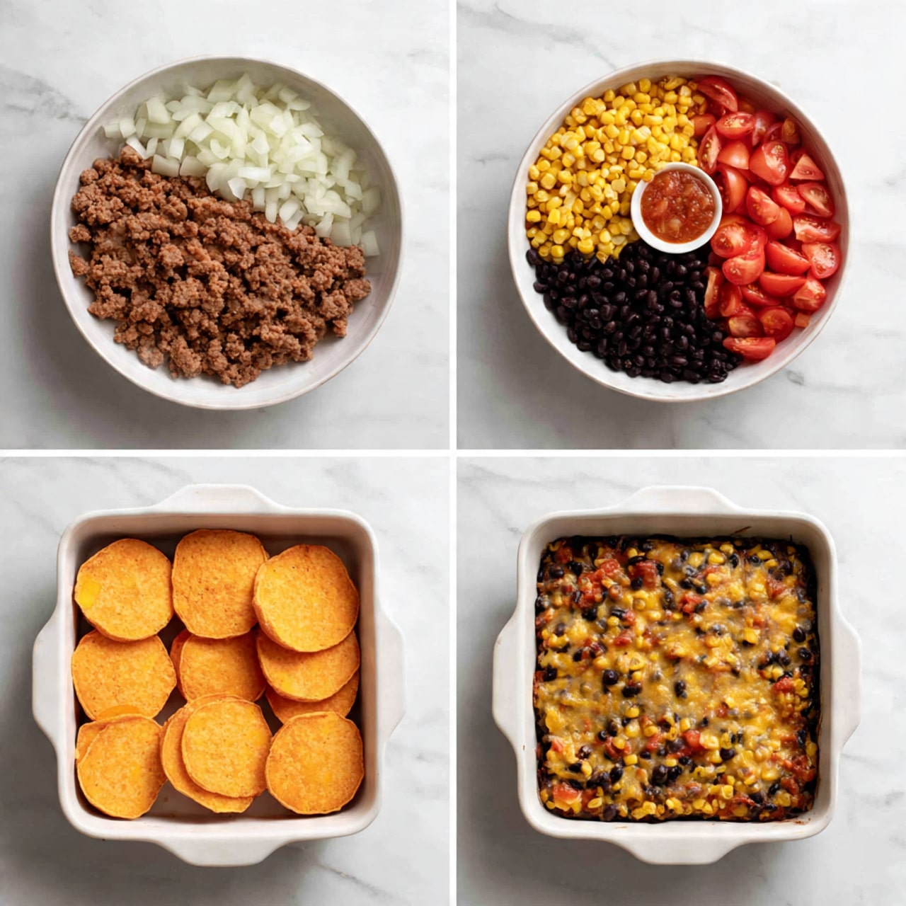 The image shows a sequence of four steps in making a layered dish; the first step has a white bowl with cooked ground meat, diced white onions, and chopped red bell peppers. The second step shows a white bowl with separate sections filled with black beans, yellow corn, diced tomatoes, and a small scoop of reddish sauce. The third step has a white oven-safe dish with a black bean mixture at the bottom, covered by neat circular slices of orange cheese arranged in one layer. The final image shows the dish after baking, with a melted, mixed bean, corn, and pepper topping spread evenly on top in a rustic, textured layer. All photos are taken on a white marbled surface. Photo taken with an iphone --ar 4:5 --v 7