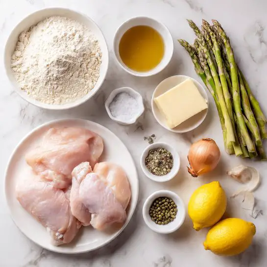 The image shows several baking ingredients laid out on a white marbled surface. There are three raw chicken pieces on a white plate at the bottom left, light pink in color with smooth texture. Above them, a white bowl filled with beige flour sits next to a small white bowl holding a gold-brown liquid. Near the center, there are small white bowls with salt, pepper, sliced garlic, and capers. On the right, a bunch of green asparagus stalks and a yellow lemon sit side by side. A small white dish with a pat of butter is near the flour bowl, and a light brown shallot is placed next to the salt bowl. The overall scene is well-arranged and bright, showing fresh and clean ingredients. Photo taken with an iphone --ar 4:5 --v 7