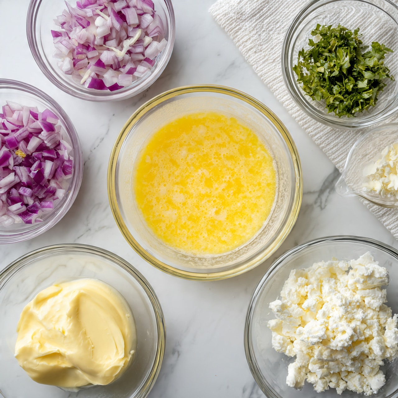 The image shows six clear glass bowls placed on a white marbled surface, arranged in a slightly scattered pattern. In the center is a bowl with whisked yellow egg mixture, looking smooth and frothy. To the bottom left, there is a bowl with a soft, creamy yellow butter. The bowl at the bottom right contains white crumbly cheese. At the top left, a bowl holds small pieces of chopped purple and white onion. The top center bowl is filled with bright green chopped leafy herbs, while the top right bowl contains a small amount of minced garlic, creamy off-white in color. A white textured cloth is partially visible behind the bowls. Photo taken with an iphone --ar 4:5 --v 7