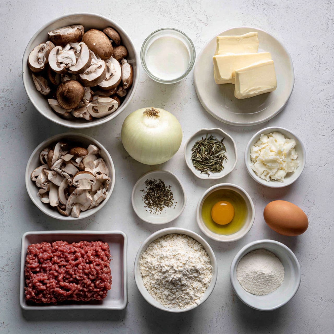 A white marbled surface shows nine ingredients placed in small white bowls and loose on the surface. At the top left, a bowl filled with sliced mushrooms, next to a block of butter, and a clear glass holding cream. Below these, a peeled onion, a small bowl with dried herbs, and a small bowl of olive oil. At the bottom left, a tray with raw ground meat. To the right of it, a small bowl with breadcrumbs, a brown egg, and a small bowl with white flour. The scene is neat with all ingredients evenly spaced. photo taken with an iphone --ar 4:5 --v 7