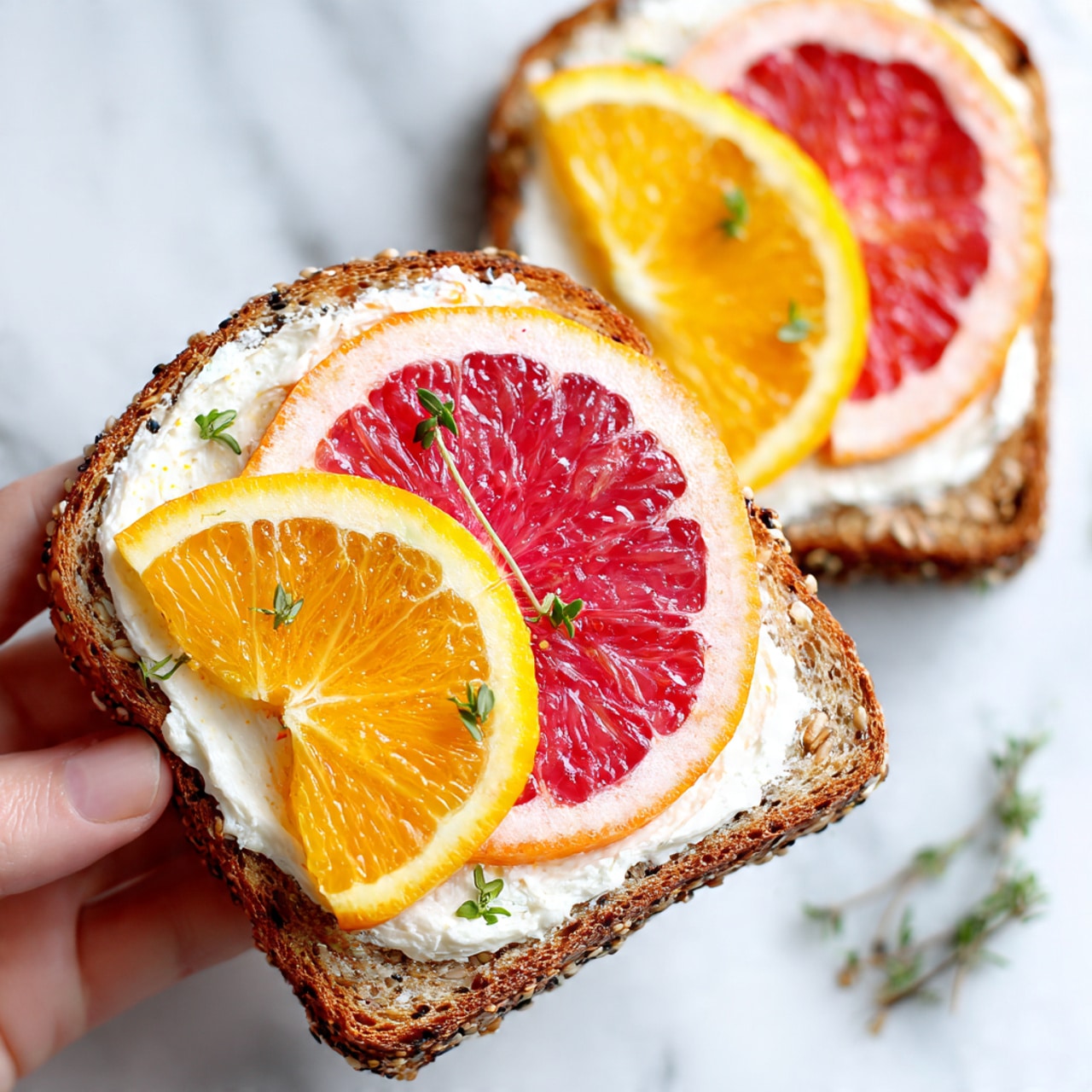 The image shows two pieces of toasted multigrain bread on a white marbled surface. Each toast has a thick layer of creamy white spread on top. On the spread, there are three colorful citrus slices arranged side by side: a pink grapefruit slice, a bright orange slice, and a red blood orange slice. A small green sprig of thyme is placed near the toast in the background, adding a touch of freshness. The slices look juicy and slightly shiny. Photo taken with an iphone --ar 4:5 --v 7
