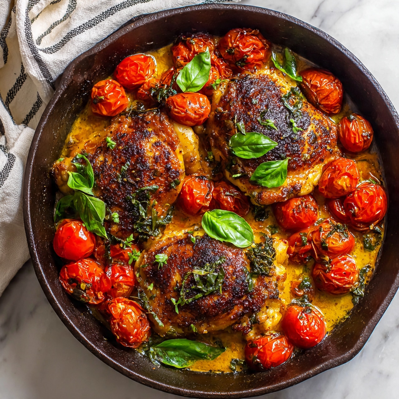 The image shows two golden brown cooked chicken pieces as the base layer in a dark cast iron skillet, topped with bright red roasted cherry tomatoes that appear slightly blistered and juicy. Fresh green basil leaves are scattered among and beneath the chicken and tomatoes, adding a pop of green color and freshness. The textures vary from the smooth, slightly crispy chicken skin to the soft, wrinkled tomatoes and crisp basil leaves, all sitting in a glossy, rich sauce. The skillet is set on a white marbled surface with a part of a striped cloth visible near it. photo taken with an iphone --ar 4:5 --v 7