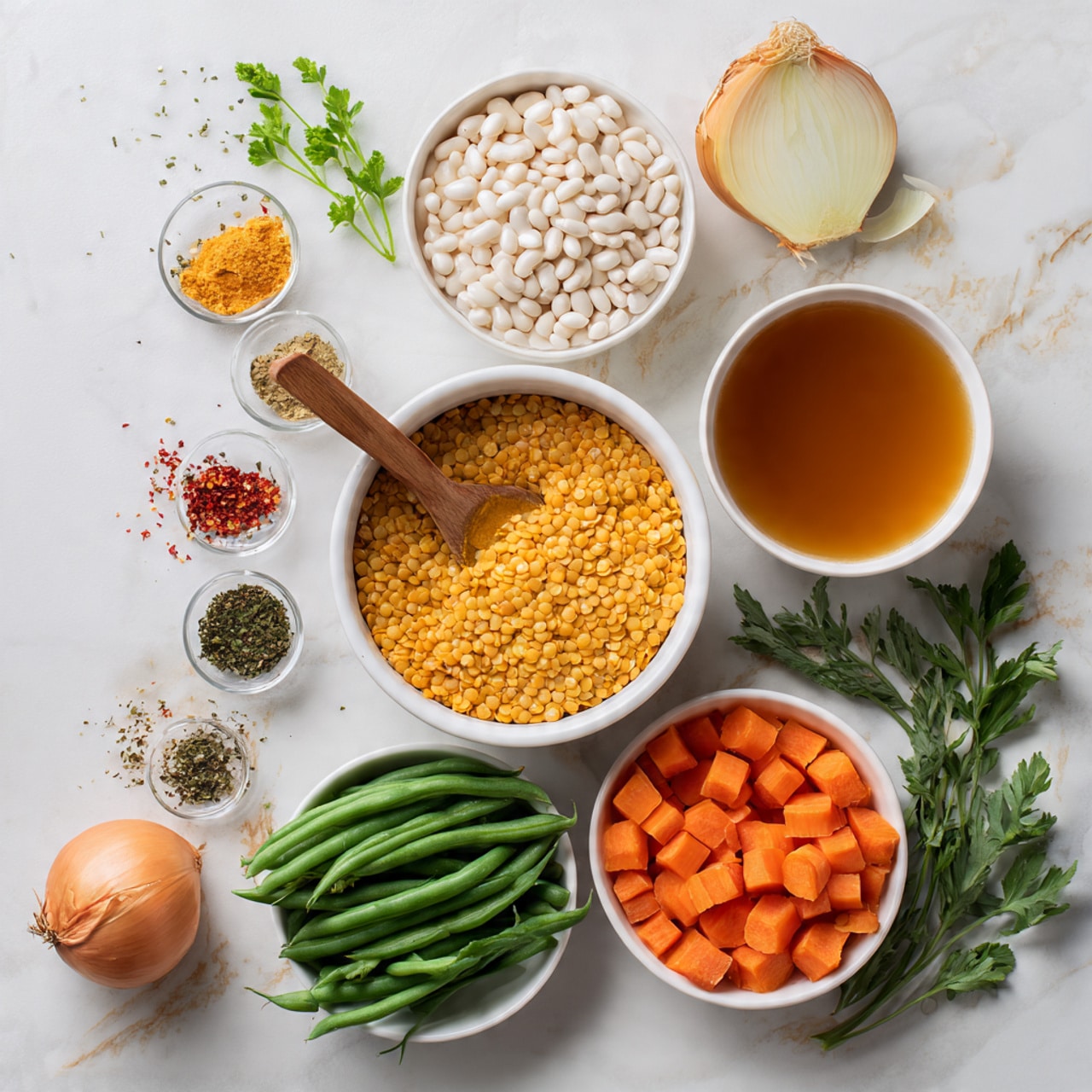 The image shows various food ingredients arranged on a white marbled surface. There is a white bowl filled with dry yellow lentils at the center, surrounded by smaller white bowls containing white beans, clear brown broth, and bright orange sliced carrots. Fresh green beans and chopped celery are placed beside a whole onion at the bottom left. Small piles of spices, including red pepper flakes and ground black pepper, are scattered near fresh green herbs. A wooden spoon rests inside the bowl of lentils, ready to stir. The colors are warm and fresh, with a mix of greens, oranges, yellows, and reds set against clean white bowls and the marbled background. photo taken with an iphone --ar 4:5 --v 7