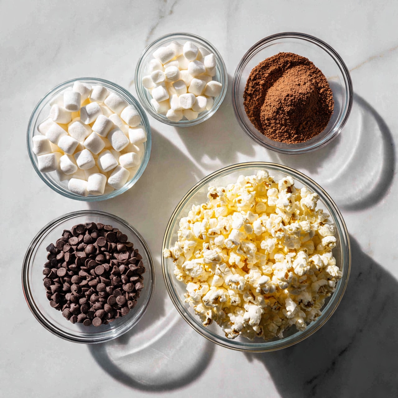 The image shows five clear glass bowls on a white marbled surface. The largest bowl at the bottom right is filled with fluffy, yellowish-white popcorn. Above it and to the left is a bowl with small white mini marshmallows. To the top left are slightly larger white marshmallows in a bowl. At the top right, there is a bowl with brown cocoa powder. Near the center is a smaller bowl filled with tiny dark brown chocolate chips. A woman's hand is not visible in this image. Photo taken with an iphone --ar 4:5 --v 7