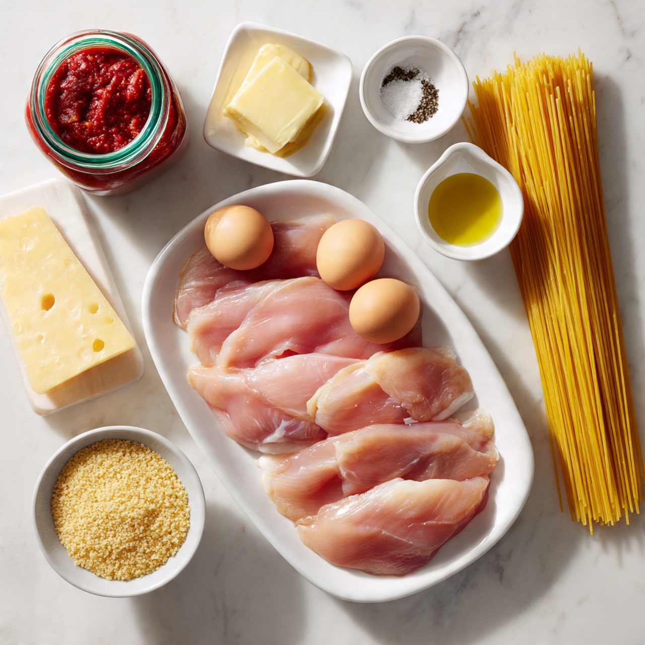 The image shows raw sliced light pink chicken arranged side by side in a white oval dish at the bottom center. Above the chicken, there are several small dishes on a white marbled surface: a small square white dish with a stick of yellow butter, a small square white dish with salt and pepper, a small round white dish with olive oil, and a round white bowl with two brown eggs. Next to the eggs is a wedge of hard yellow cheese standing on its side. Beside the cheese and small dishes is a small round white bowl filled with golden brown breadcrumbs. To the right of the bowls is a bundle of uncooked yellow spaghetti standing upright. On the left side of the image is a jar of red marinara sauce with a green lid. All the items are neatly arranged, and the lighting is bright and natural. Photo taken with an iphone --ar 4:5 --v 7
