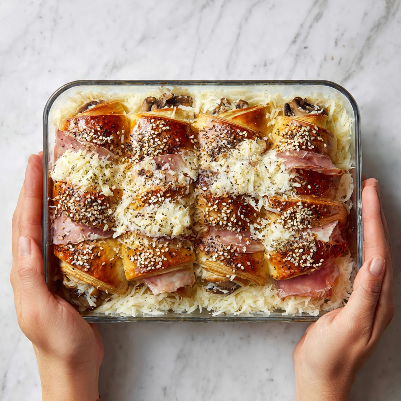 A rectangular clear glass dish filled with several layers: at the bottom, shredded white cheese is spread across, topped with golden brown croissants sprinkled with white sesame seeds and black pepper, some croissants showing a creamy inside with mushrooms; thin slices of pink cured meat are placed between and over the croissants, adding contrast. The dish is held by two woman's hands, one gripping each side of the dish, all set on a white marbled textured surface. photo taken with an iphone --ar 4:5 --v 7