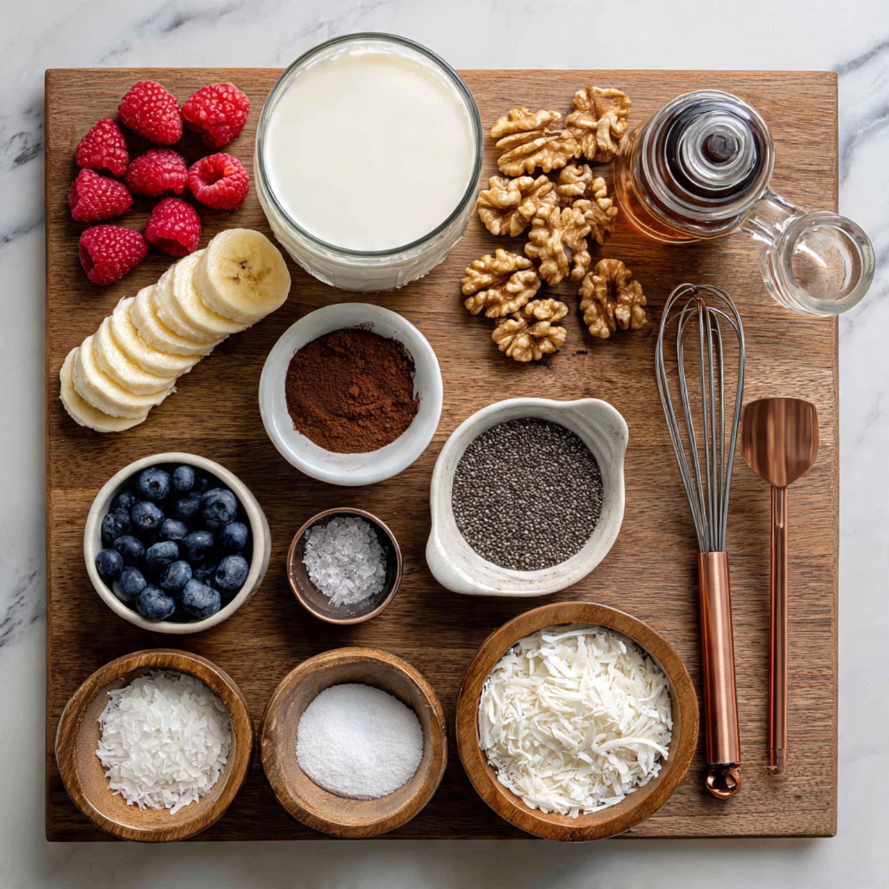 The image shows various ingredients arranged neatly on a wooden surface with a white marbled texture. At the top center is a glass filled with white milk. To its right is a small glass jar with a brown liquid, and below it are two small white bowls, one filled with dark brown cocoa powder and the other with black chia seeds. There is a small pile of walnuts next to the cocoa powder bowl. On the left side, there are fresh raspberries at the top, slices of banana curved in a line below them, and blueberries at the bottom left. Near the blueberries, there are two small wooden bowls with white salt and shredded coconut. At the bottom right is a small dark bottle, next to it are two copper measuring spoons and a metal whisk laid horizontally. photo taken with an iphone --ar 4:5 --v 7