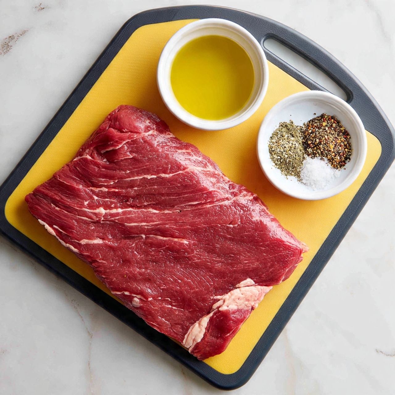 A raw piece of red steak lies flat on a yellow cutting board with a black border, showing the meat's visible texture and thin white fat lines. Two small white bowls sit above the steak on the board, one bowl filled with yellow oil and the other with a mix of dry spices including white, brown, and green shades. The surface underneath the cutting board is white with a marbled texture. photo taken with an iphone --ar 4:5 --v 7