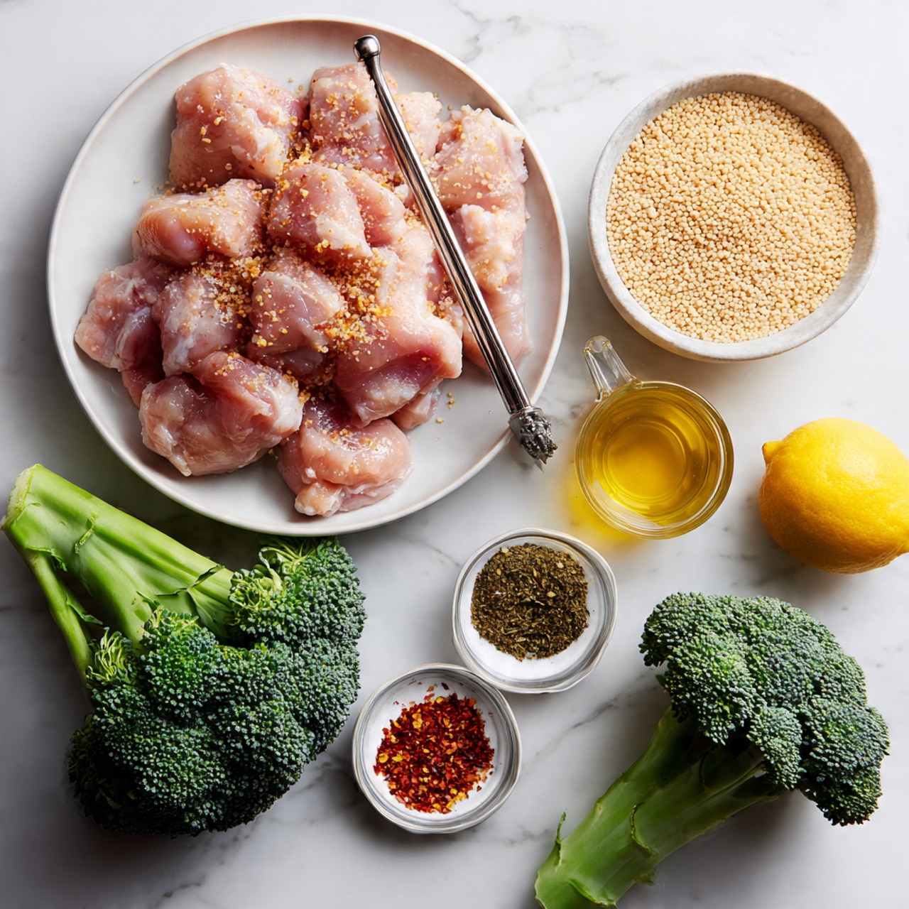 The image shows raw chicken pieces placed on a white plate with a metal herb stripper tool resting on top. Below this plate, there are two fresh broccoli heads with dark green and textured florets and thick green stalks. To the right of the broccoli, a small white bowl holds light beige orzo pasta, with elongated grain shapes. Above the bowl, there is a clear glass measuring cup filled with a golden yellow liquid, likely broth. Next to it is a small clear glass container with three spices inside: a greenish brown herb, a ground reddish spice, and a bright red powder. Below the spices, a bright yellow lemon is placed near a small white ceramic container shaped like two joined circles, each side holding reddish crushed chili flakes. All items rest on a white marbled textured surface. photo taken with an iphone --ar 4:5 --v 7