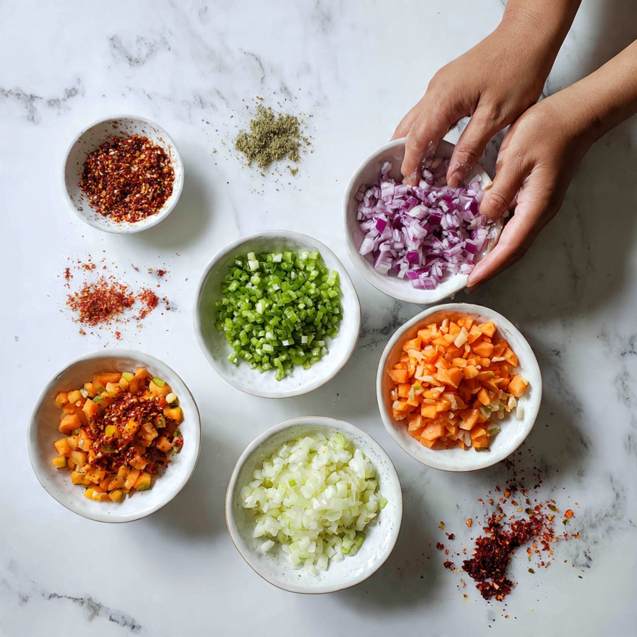 This image shows several small white bowls and chopped vegetables on a white marbled surface. There are five white bowls containing finely chopped green peppers, chopped red onions, minced ginger, and different powdered spices. Around the bowls, there are small piles of chopped garlic and red chili powder on the surface. In addition, there are two piles of diced root vegetables, one with light beige pieces and another with bright orange chunks. A woman's hand is seen washing or preparing the ingredients. photo taken with an iphone --ar 4:5 --v 7