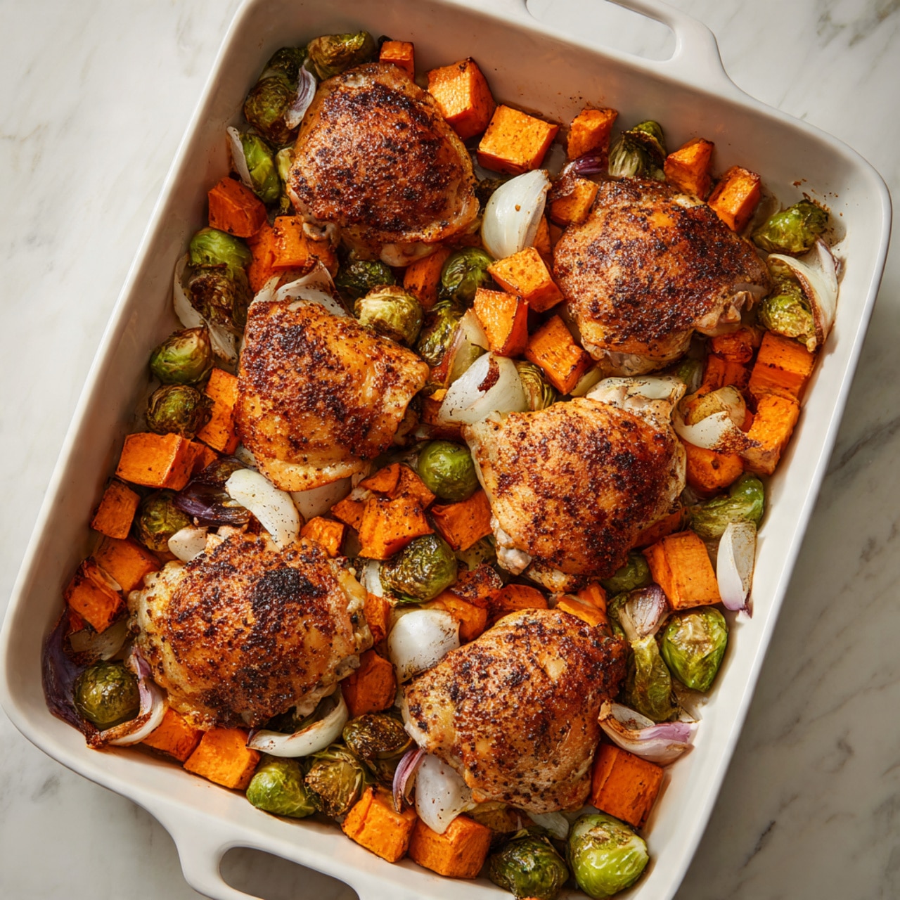 The image shows a baking tray lined with shiny foil, holding four pale cooked chicken breasts, each sprinkled with black pepper. Around the chicken are scattered roasted vegetables including small bright orange carrots, light-colored cauliflower florets with some brown edges, dark green round zucchini slices with grill marks, and green asparagus spears. The tray is placed on a white marbled surface, and the lighting highlights the textures of the chicken and vegetables, giving the scene a fresh, wholesome look. photo taken with an iphone --ar 4:5 --v 7
