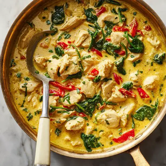 A close-up view of a large golden pan filled with a creamy yellow curry. The curry has chunks of white chicken pieces mixed with bright red bits of vegetables and fresh green spinach leaves. A silver ladle with a cream-colored handle rests inside the pan on the left side. The pan sits on a white marbled surface with small bits of green herbs scattered around the pan edge. The lighting is bright and natural, showing the smooth and rich texture of the sauce. photo taken with an iphone --ar 4:5 --v 7