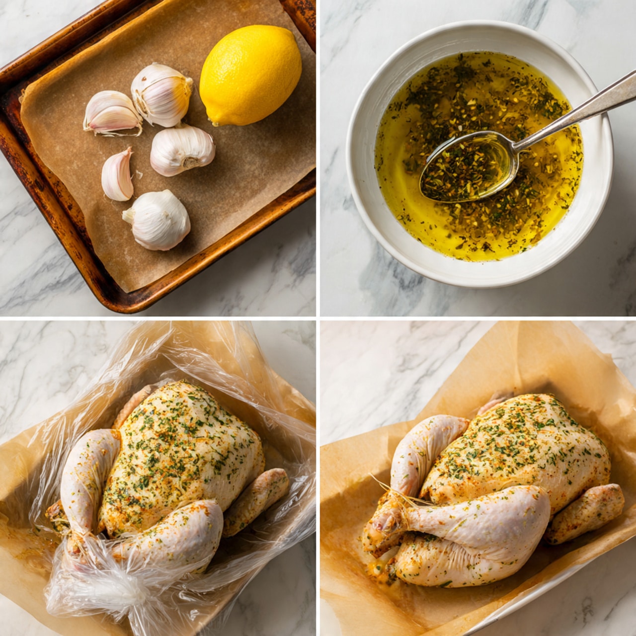 The image shows four photos in a grid, each showing steps of preparing herb-marinated chicken. The top left photo has a whole chicken on a brown wooden tray next to a yellow lemon and five peeled garlic cloves. The top right photo shows a white bowl filled with a mix of olive oil, green herbs, and spices, with a silver spoon resting inside. The bottom left photo shows the whole chicken covered in the herb mixture inside a clear plastic bag on the same wooden tray, with the marinade coating the chicken skin. The bottom right photo has the marinated chicken placed on a sheet of parchment paper on a flat white marbled surface, ready for cooking, with the herb mix visible on the skin. Photo taken with an iphone --ar 4:5 --v 7