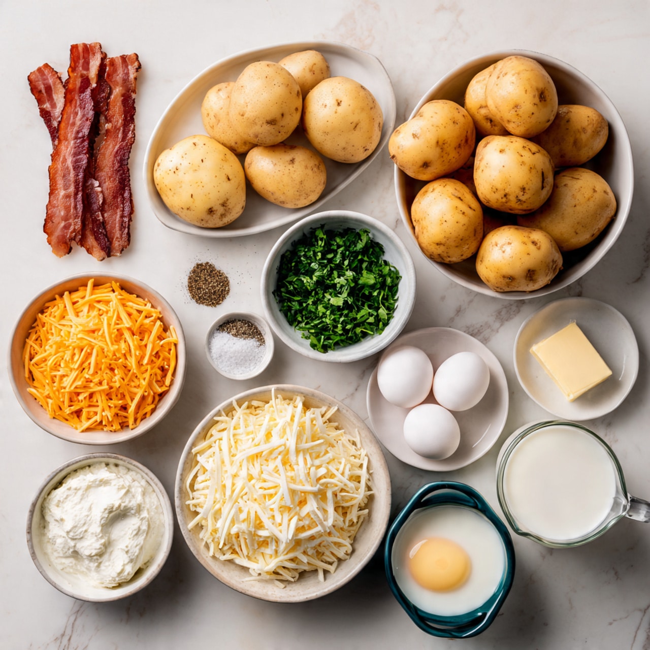 The image shows raw ingredients arranged neatly on a white marbled surface. There are two white bowls at the top right, one filled with large light yellow potatoes and the other with long brown sweet potatoes. Below them, there is a stick of butter and two small white plates with ground black pepper, garlic powder, and salt. At the bottom left, a white bowl is full of shredded cheeses in three colors: orange, white, and a longer thin white cheese. Nearby, a small white bowl holds chopped green herbs, and another white bowl contains sour cream. Two white eggs sit in a small blue dish, and a clear measuring cup filled with milk sits to the right. A pack of uncured beef bacon is placed to the left side. photo taken with an iphone --ar 4:5 --v 7