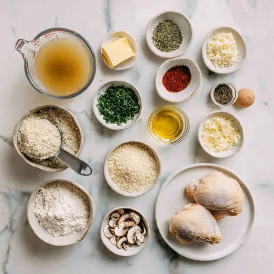 The image shows a white marbled surface with various small white bowls and glass containers arranged in a loose circle. There are two raw chicken pieces on a white plate at the bottom right. Next to it on the left is a glass measuring cup filled with broth, and above it, a metal measuring cup filled with panko breadcrumbs. Other bowls contain chopped green herbs, a small square of butter, flour, an egg, oil, sliced mushrooms, red seasoning, black pepper, grated cheese, and a small bowl of salt. The colors range from pale beige and white to light yellow, brown, and green, with a clean and organized layout. photo taken with an iphone --ar 4:5 --v 7