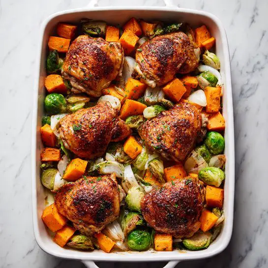 The image shows a white rectangular baking dish filled with roasted chicken thighs on top of a colorful mix of vegetables. There are five browned chicken thighs, each with a crispy, seasoned skin, sitting evenly spaced on a bed of cubed orange sweet potatoes, halved green Brussels sprouts, and white onion pieces. The vegetables have a roasted texture with slightly browned edges. The dish is placed on a white marbled surface with warm light enhancing the golden tones of the chicken and vegetables. Photo taken with an iphone --ar 4:5 --v 7