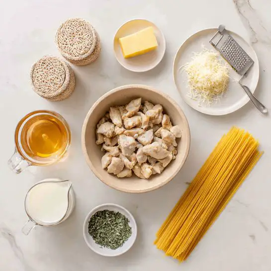 The image shows various cooking ingredients arranged neatly on a white marbled surface. In the center is a beige bowl filled with small, light-colored chunks of cooked chicken. To the right of the bowl, a bundle of uncooked yellow spaghetti strands lies flat. Above the chicken, a small white plate holds fine grated cheese with a steel grater partially resting on it. Next to the cheese, a small beige bowl contains a small amount of yellow butter. Below the chicken bowl, a small white bowl contains a pile of chopped green herbs. To the bottom left, there is a clear glass measuring cup filled with a light brown liquid, likely broth, and next to it a small glass jug with white cream. Above these, two small glass containers wrapped in woven beige holders contain salt and pepper. The whole scene is brightly lit and clearly focused. photo taken with an iphone --ar 4:5 --v 7