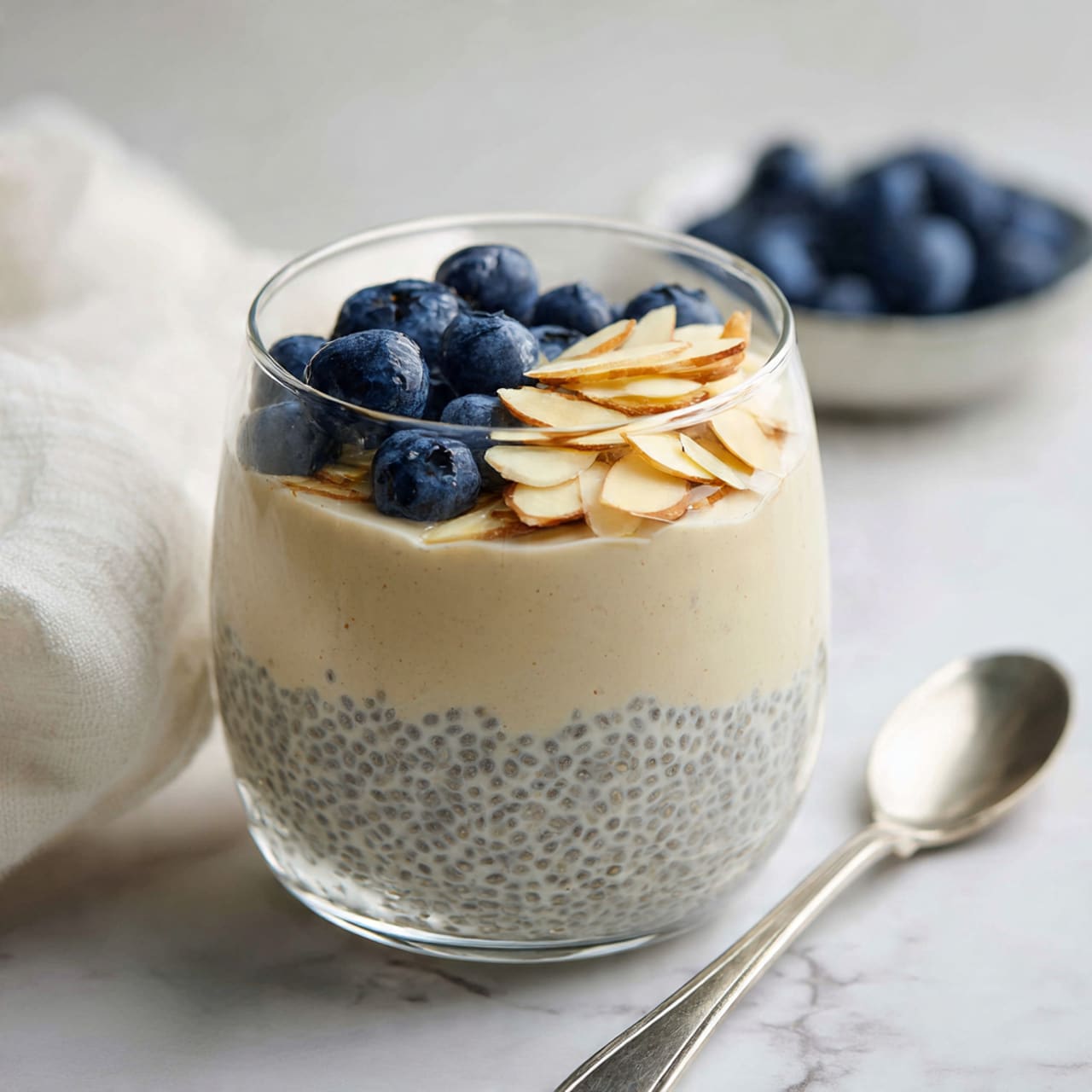 A clear glass filled with three layers: the bottom layer is a smooth, creamy beige chia pudding with tiny, visible seeds; the middle layer is topped with pale yellow almond slices arranged flat on the pudding; the top layer features a small heap of shiny, fresh blue blueberries. A silver spoon rests inside the glass, and the background is a white marbled surface with a blurred white cloth on the side and a small blurred bowl of blueberries in the background, creating a soft, clean look. Photo taken with an iphone --ar 4:5 --v 7