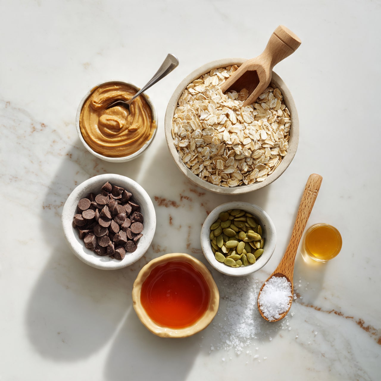 The image shows a top-down view of six small white dishes arranged on a white marbled surface. The largest dish is filled with beige rolled oats, with a wooden scoop resting on top. To the left of it is a small bowl containing smooth peanut butter of a light brown color, with a small silver spoon inside. Below the oats is a small white bowl filled with dark brown chocolate chips. To the right of the oats is a smaller white bowl holding green pumpkin seeds. Above the chocolate chips is a tiny round dish with bright red sauce. Next to it, a slightly larger round vessel contains a golden amber liquid, likely honey. A small wooden spoon with a heap of coarse white salt rests nearby. photo taken with an iphone --ar 4:5 --v 7