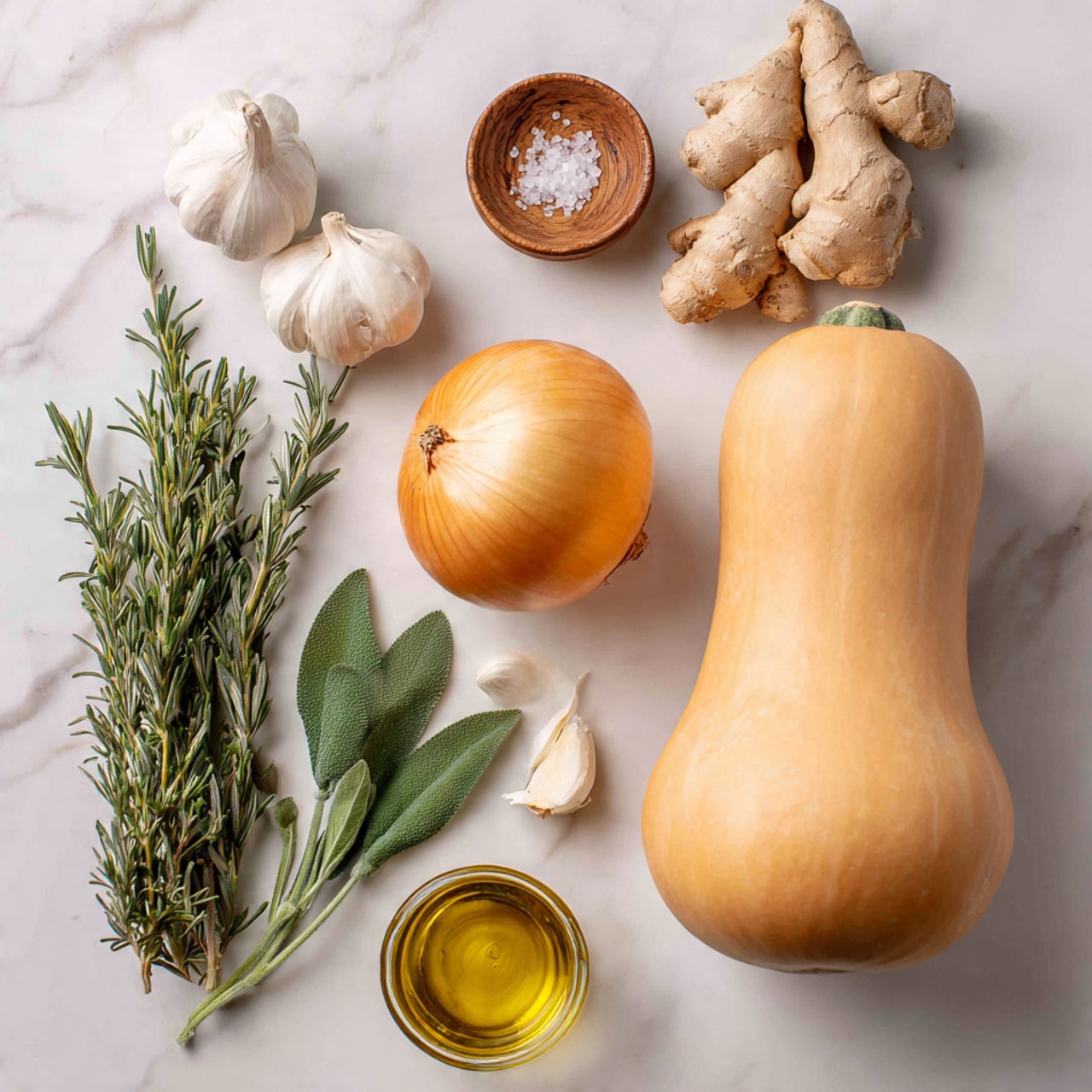 The image shows several cooking ingredients arranged neatly on a white marbled surface. On the right side, there is a whole butternut squash with a pale orange skin. To its left, a medium-sized yellow onion with smooth, shiny skin sits beside three cloves of garlic with white and slightly pinkish tones. Above the onion, there is a piece of fresh ginger with a pale beige color and knobby texture. In the lower left area, fresh rosemary sprigs with dark green needle-like leaves are placed next to a bunch of sage leaves that are large, oval, and light green with a fuzzy texture. Near the top left corner, a small wooden bowl contains a spiral of salt, and below it is a small glass jar of golden olive oil. photo taken with an iphone --ar 4:5 --v 7