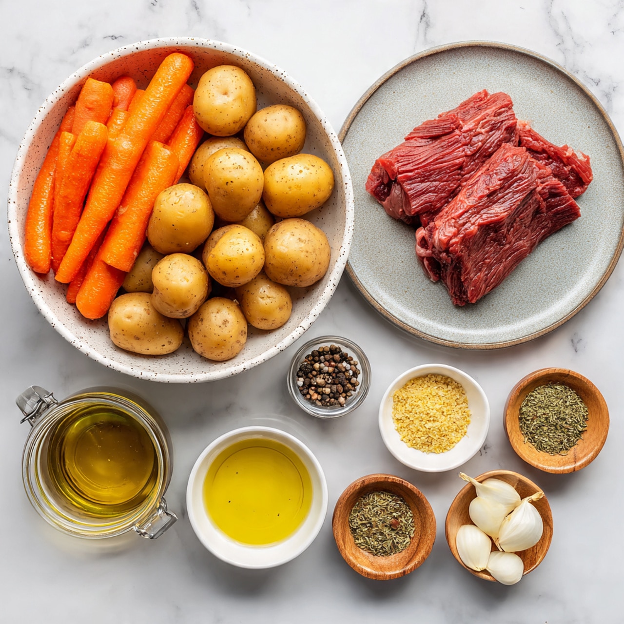 The image shows raw cooking ingredients arranged neatly on a white marbled surface. On the left, a white speckled bowl holds a mix of bright orange baby carrots on the top half and round, light brown baby potatoes on the bottom half. To the right of the bowl, there is a raw large piece of deep red beef with some light pink fat on a light gray textured plate. Surrounding these main components are small containers: a clear glass jar with black pepper, a small white bowl with peeled garlic cloves, two tiny wooden bowls with coarse white salt and yellow mustard, and a clear glass filled with golden olive oil. Below are two more small white bowls, one with light brown broth and another with a mix of dried herbs and spices in varying shades of green, brown, and reddish colors. photo taken with an iphone --ar 4:5 --v 7