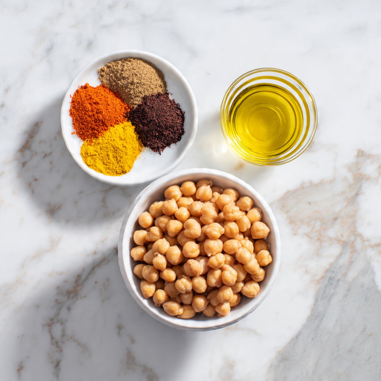 The image shows a top view of a flat white marbled surface with three items arranged on it: a white bowl filled with round, light brown chickpeas placed toward the bottom right; above it to the left, a smaller white bowl holds colorful spices—orange, yellow, dark brown, and black—neatly separated inside; to the right of the spices, there is a small clear glass cup with golden yellow oil. The scene has soft natural light, and the colors of the chickpeas, spices, and oil stand out clearly against the white marbled background. Photo taken with an iphone --ar 4:5 --v 7