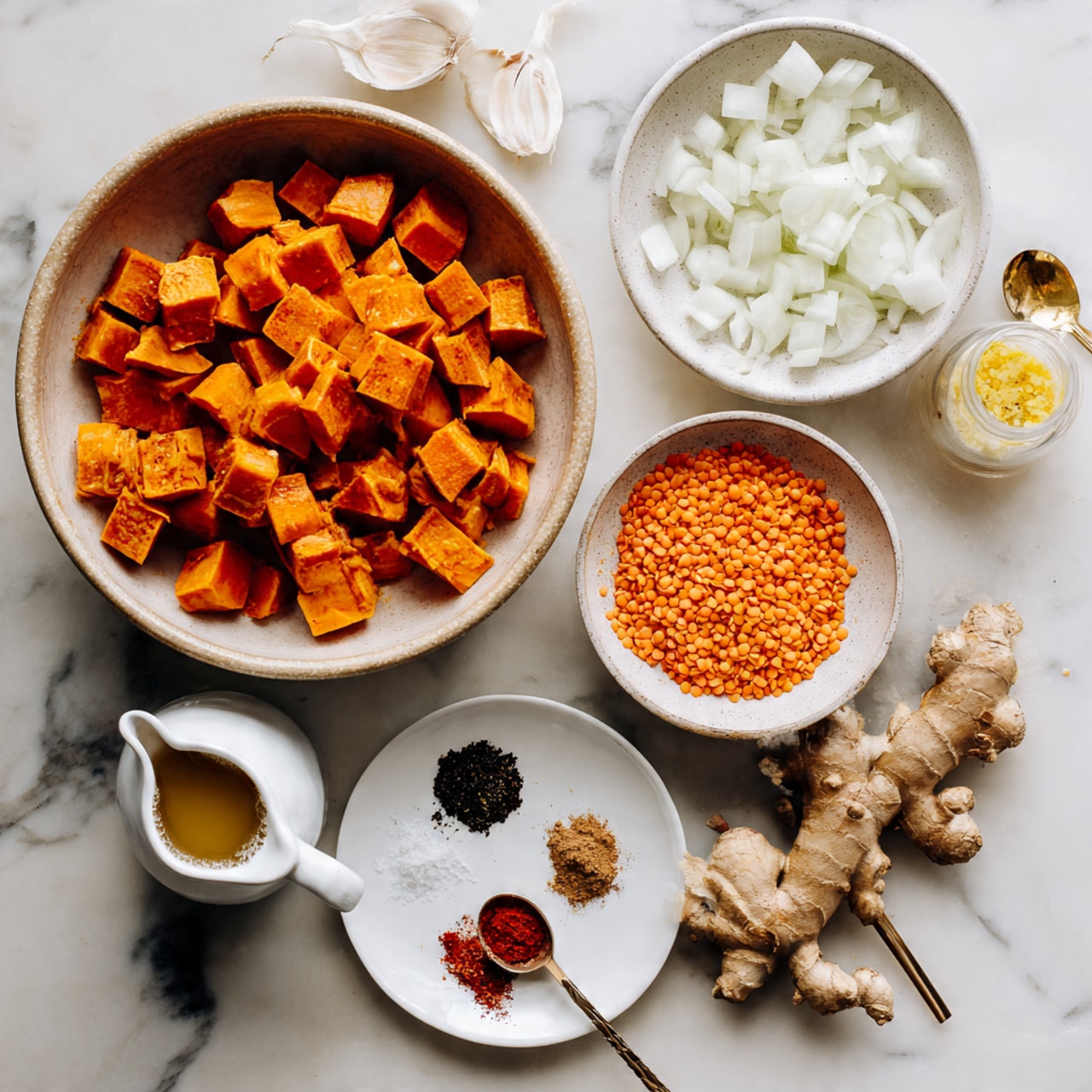 On a white marbled surface, there is one large beige bowl filled with bright orange cubed sweet potatoes, a white bowl filled with red lentils, and a small white bowl with yellow grated ginger. Nearby, a white plate holds chopped white onions. There is a small white cup with white liquid, a small white gravy boat with a golden brown sauce, and three white measuring spoons and one small golden spoon on a white plate. The white spoons hold ground cumin, salt, and turmeric powder, while the golden spoon holds red chili powder. A few whole black cloves, two peeled garlic cloves, and a piece of fresh ginger root are arranged next to the bowls. The scene is bright and clean, photo taken with an iphone --ar 4:5 --v 7