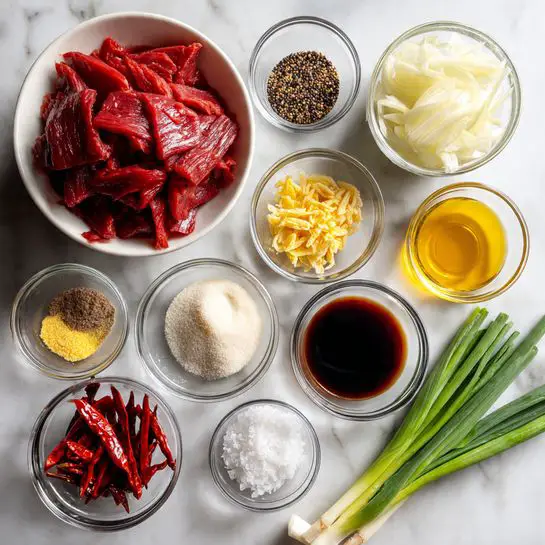 A clear white bowl filled with bright red sliced meat sits in the upper left corner on a white marbled surface. Around it, arranged in small clear glass bowls, are several ingredients: coarse black and white pepper, minced yellow garlic, minced light yellow ginger, a mound of white starch powder, a bowl of thin white sliced onions, a pile of light brown sugar, a dark brown soy sauce, yellow cooking oil, red dried chili slices, a small bowl of salt crystals, and fresh green scallions placed at the bottom right. The colors are vivid, with the red meat and chili slices contrasting with the white bowls and onions, all set against the white marbled textured background. Photo taken with an iphone --ar 4:5 --v 7