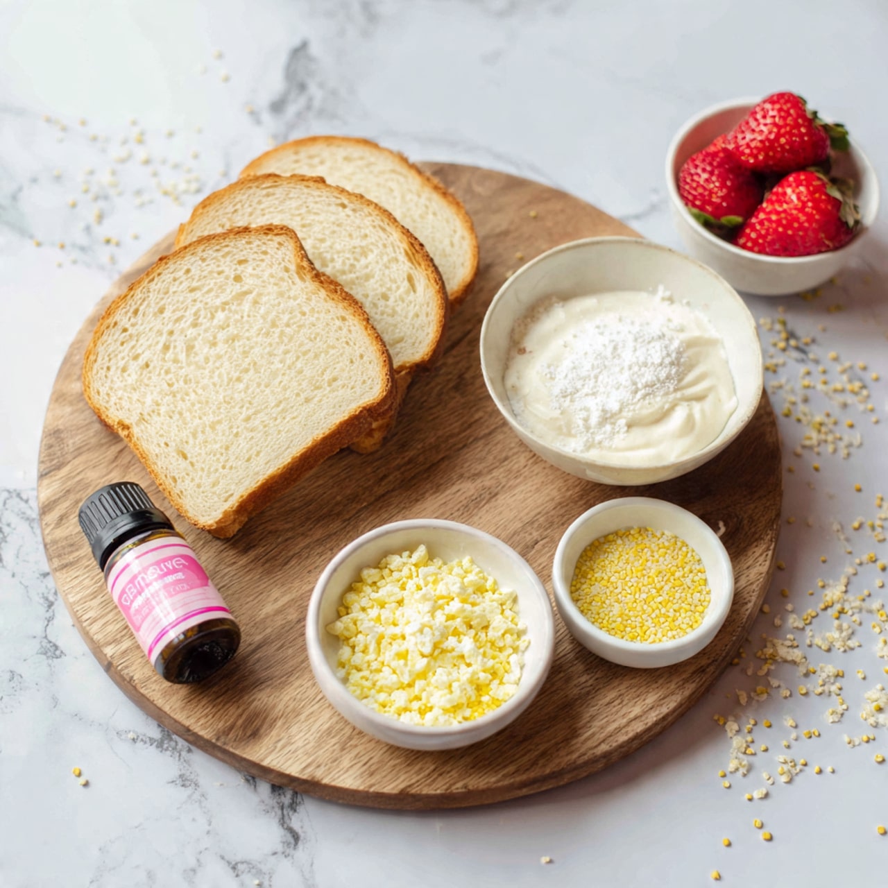 The image shows a round wooden board on a white marbled surface, with three slices of light brown bread stacked slightly on the left side. On the right side of the board, there are three small white bowls: one filled with a creamy white substance, another with small white powder, and the third containing yellow sprinkles or small grains. In front of the bowls is a small bottle with a pink label, possibly vanilla extract. A white bowl with red strawberries is visible in the top right corner of the image. The overall look is bright and clean, with soft natural lighting. Photo taken with an iphone --ar 4:5 --v 7