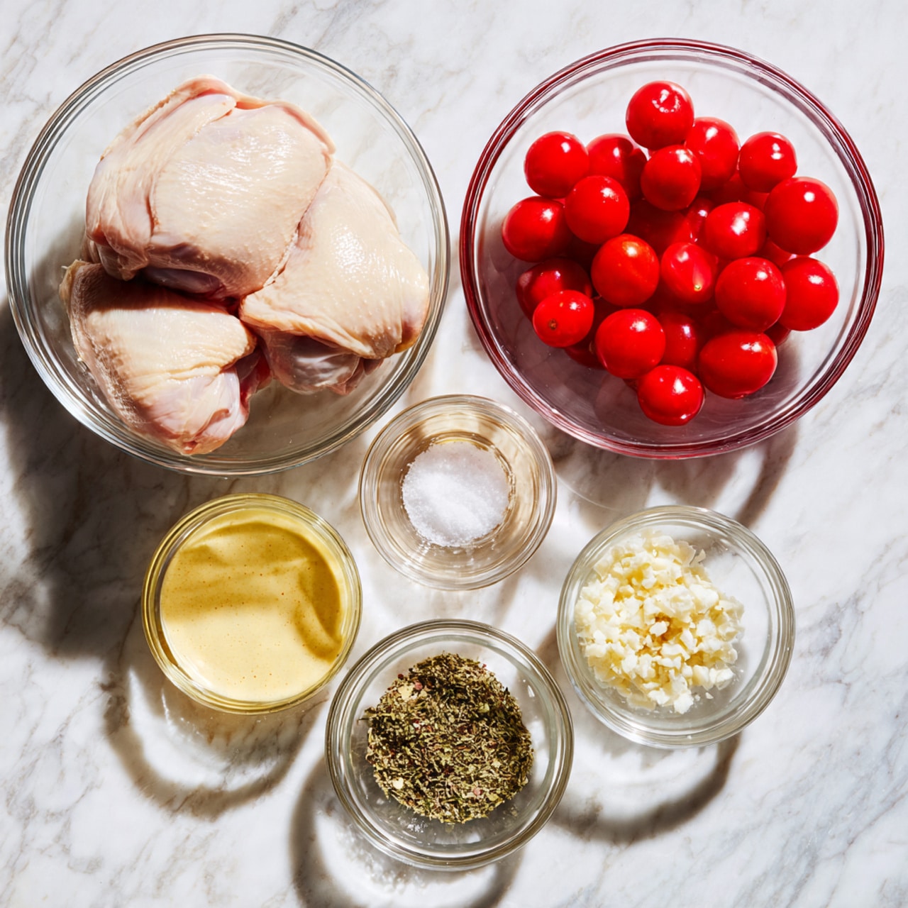 The image shows a white marbled surface with six clear glass bowls arranged on it. The largest bowl at the bottom left holds two raw chicken pieces with a pale pink color and smooth texture. To the upper right of it, a smaller bowl is filled with bright red cherry tomatoes, each round and shiny. Surrounding these bowls are four small glass bowls containing seasonings and sauces: one has a pale yellow mustard, another with a light brown liquid, a third with white granulated salt, and the last with finely chopped white garlic and green herbs. A woman's hand is not visible. Photo taken with an iphone --ar 4:5 --v 7