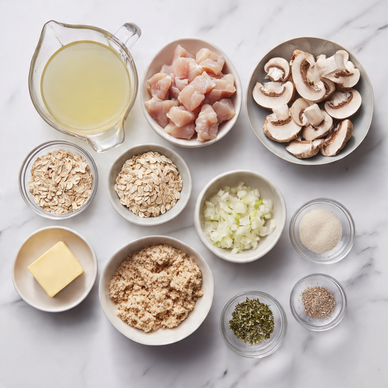 The image shows eleven clear or white bowls and a glass cup arranged on a white marbled surface. The largest bowl contains sliced white mushrooms with brown edges, sitting in the upper right. Below it, a small white bowl holds finely chopped white onions. Near the bottom center, another white bowl is filled with light brown almond meal, and directly below it is a smaller white bowl with a piece of yellow butter. To the left of the butter, a round cup is filled with raw cubed chicken pieces that are a light pink color. Near the top left, a clear glass jug contains pale yellow broth, and next to it is a white bowl with dry oats. A small glass bowl with green herbs and a tiny glass with brown seeds sit near the center. Finally, a small container of white powder is also present, completing the neatly arranged ingredients. Photo taken with an iphone --ar 4:5 --v 7