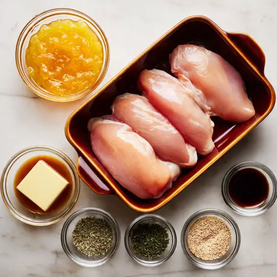 Four raw chicken pieces with a smooth pale pink color are placed side by side in a brown rectangular baking dish with two small handles, sitting on a white marbled surface. To the left, there is a small round glass bowl filled with bright orange apricot jam showing a glossy texture. Below this, there is a small square piece of pale butter inside a tiny round glass bowl. Further down, six small round glass bowls hold different spices and liquids: a green dried herb, a coarse grain mustard mix, white salt, black pepper, and a dark liquid that looks like soy sauce, all arranged neatly in descending diagonal order. photo taken with an iphone --ar 4:5 --v 7