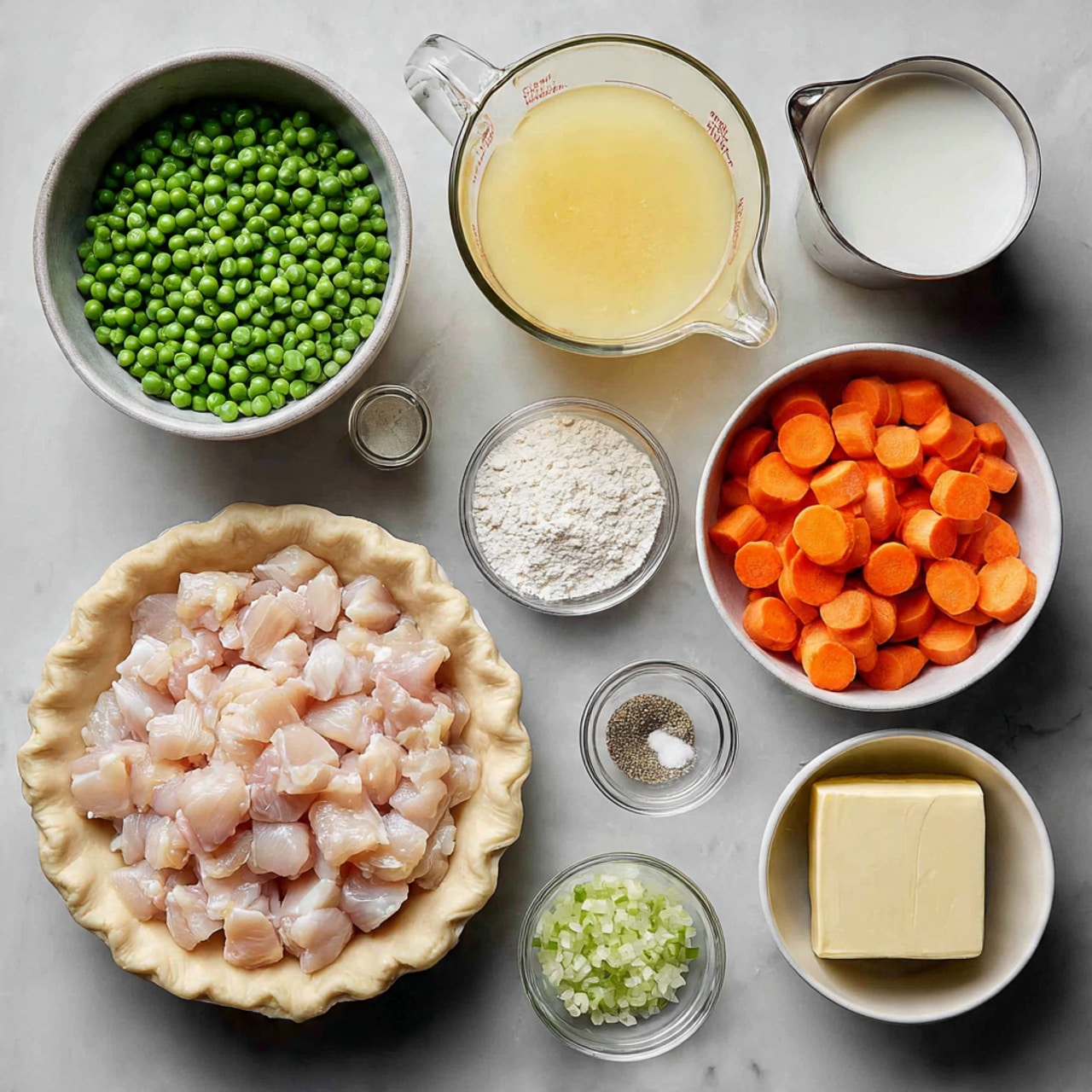 In this image, there is a collection of ingredients laid out on a white marbled surface. At the center, a silver bowl holds diced raw chicken pieces, light pink in color. To the left of it, there is a grey bowl filled with green frozen peas and above it, a white bowl with sliced bright orange carrots. Above the chicken bowl is a clear glass measuring cup with yellow broth. To the right of the broth, a metal measuring cup contains white milk. Below the milk, there are small glass bowls holding salt, chopped white onions, black pepper, and sliced green celery. A small clear bowl contains white flour, and next to it, a golden bowl holds a stick of pale yellow butter. On the far left side of the image, there is an unbaked pie crust in a white pie dish. All bowls and dishes are neatly arranged, creating a clean and organized presentation. Photo taken with an iphone --ar 4:5 --v 7
