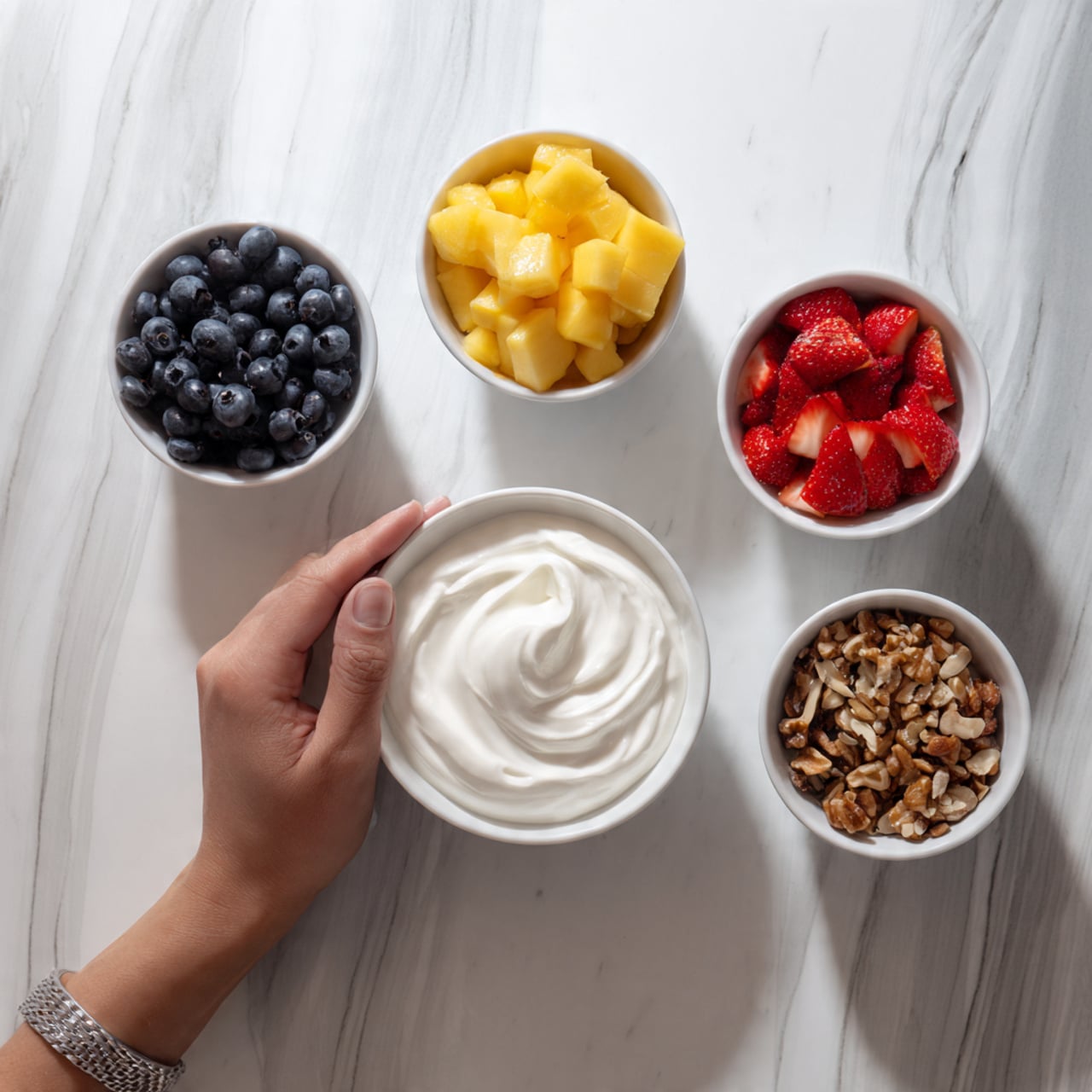 There is a white bowl filled with smooth, creamy white yogurt placed on the lower left. Around it, four smaller white bowls are arranged on a white marbled surface: the top bowl holds chopped yellow mango pieces, the right bowl contains chopped red strawberries, the bottom bowl has a mix of chopped brown nuts, and the left bowl is filled with small dark blueberries. A woman's hand is near the bowls, slightly visible, creating a calm and fresh scene. Photo taken with an iphone --ar 4:5 --v 7