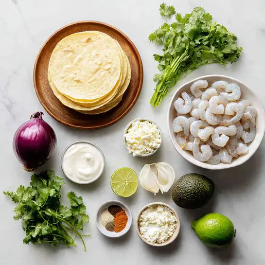 The image shows separate ingredients for a dish placed on a white marbled surface. On the left, there is a wooden plate holding a stack of light yellow corn tortillas with a slightly rough texture. Around this plate, fresh green cilantro leaves are spread above it. To the right of the cilantro, there is a shiny white bowl full of raw, peeled shrimp that are pale gray and translucent. Above the bowl, a small white metal cup holds smooth white sour cream. Next to it is another small white metal cup filled with crumbly white cheese. A whole dark green-brown avocado sits near the sour cream, and above it are two cloves of light garlic and a slice of onion with white and orange layers. Below on the left side are a halved red onion showing rings and two whole bright green limes. A tiny white bowl at the bottom holds assorted seasonings with colors of salt white, black pepper, reddish paprika, and yellowish ground spices. Everything is neatly arranged and clean. Photo taken with an iphone --ar 4:5 --v 7